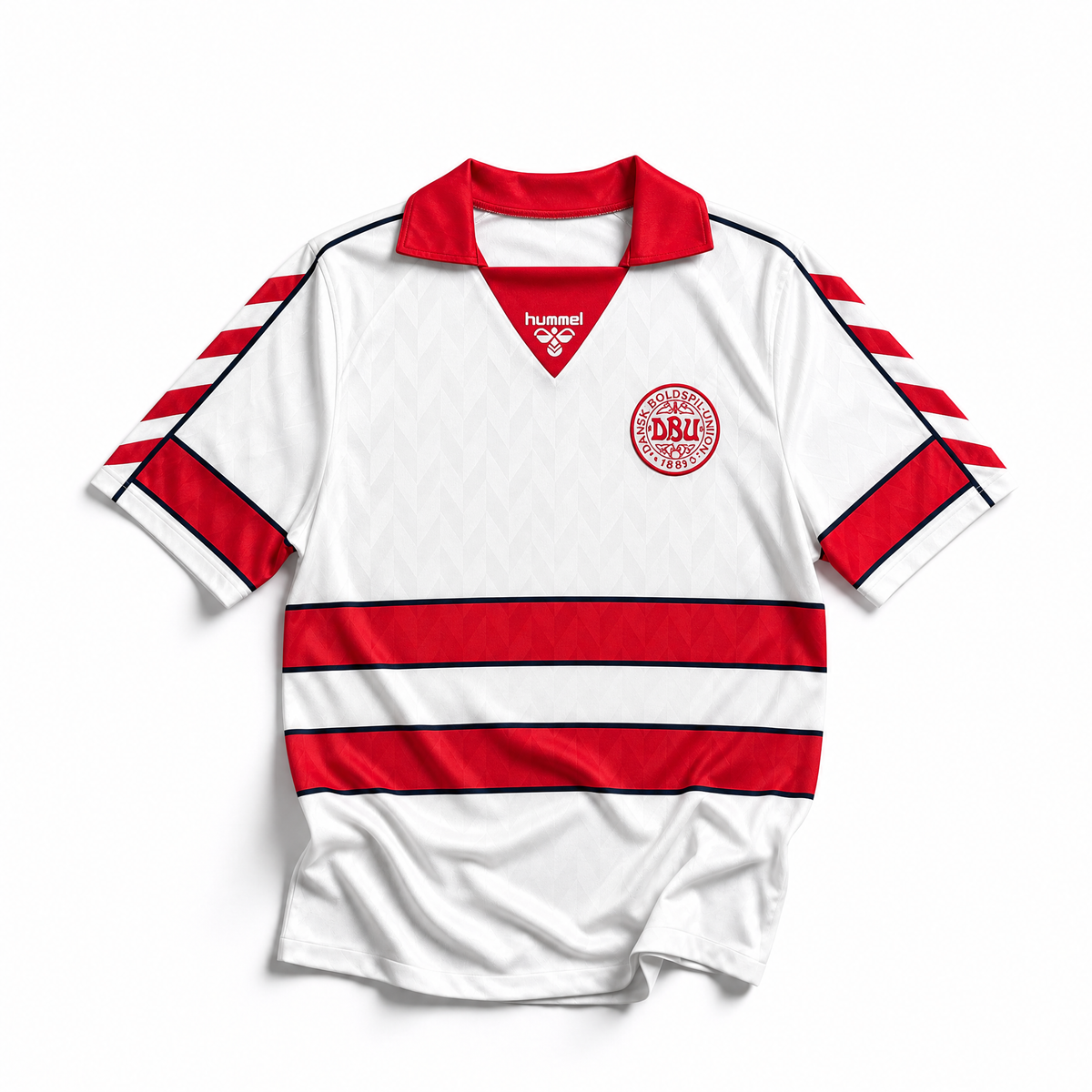 Maglia Danimarca Away 1988 bianca vista frontale con stemma DBU e logo Hummel