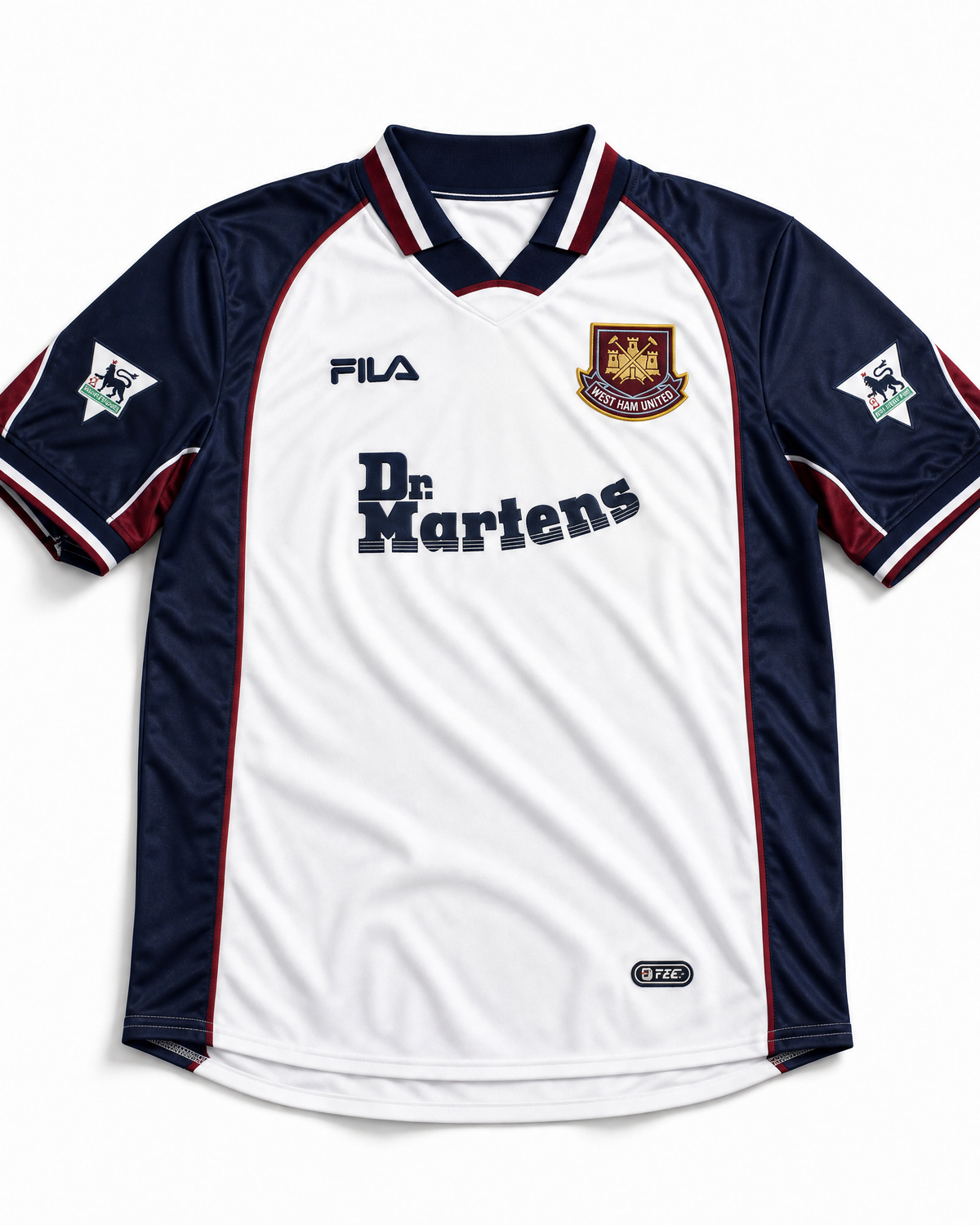 Maglia West Ham 1999/00 away bianca con dettagli granata e blu vista frontale