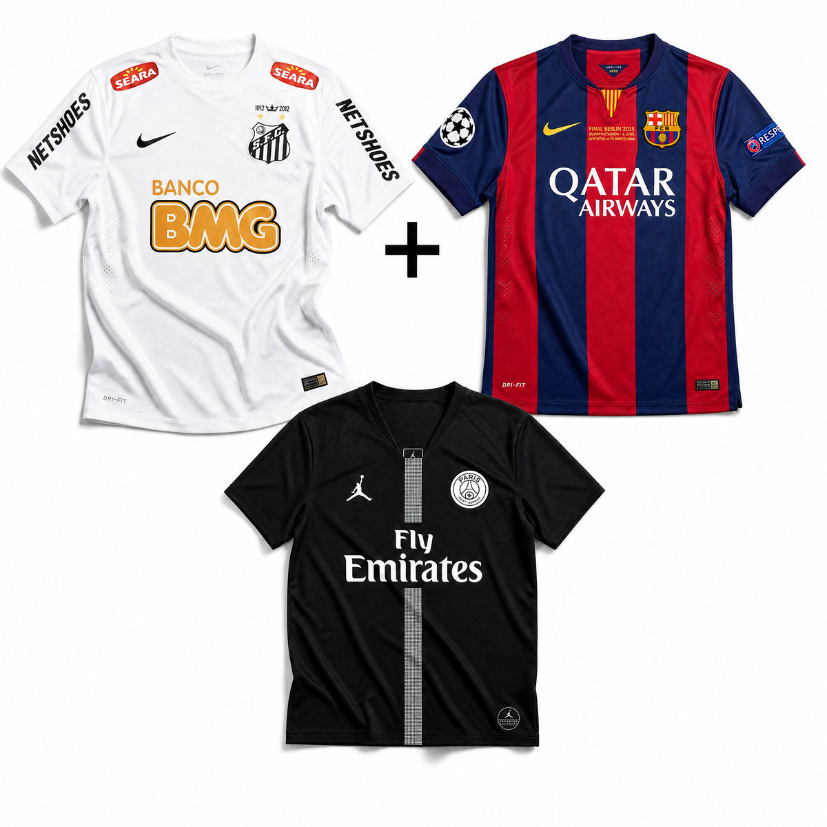Voorkant van de shirts: Santos thuisshirt 2012/13, FC Barcelona thuisshirt Champions League-finale 2014/15 en zwart PSG-shirt 2018/19
