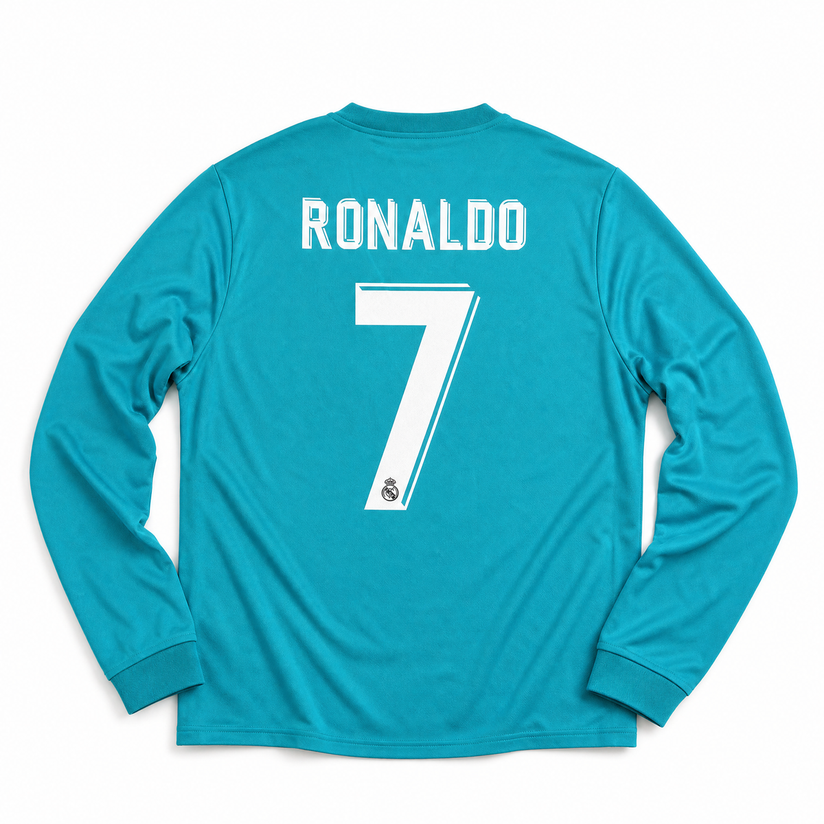 Retro della maglia Real Madrid 2017/18 con personalizzazione numero 7 e nome Ronaldo in bianco.
