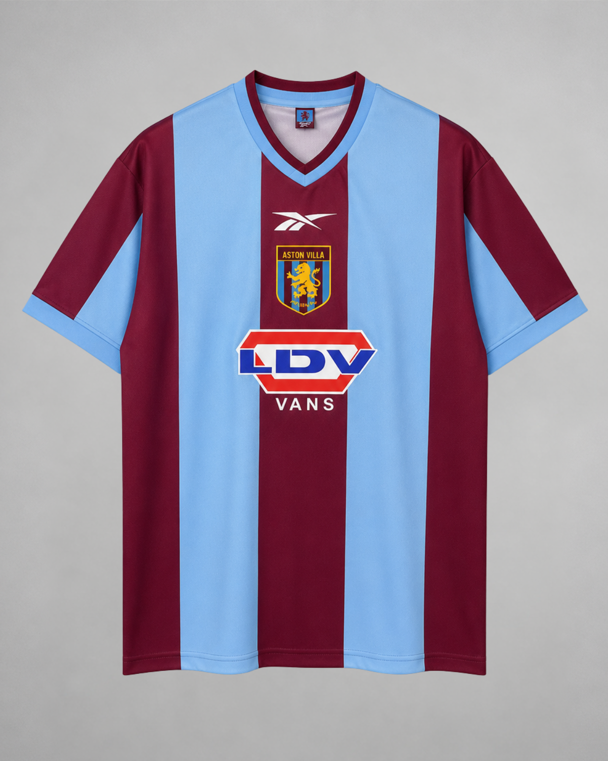 Aston Villa maglia home 1999/00 con strisce bordeaux e azzurre