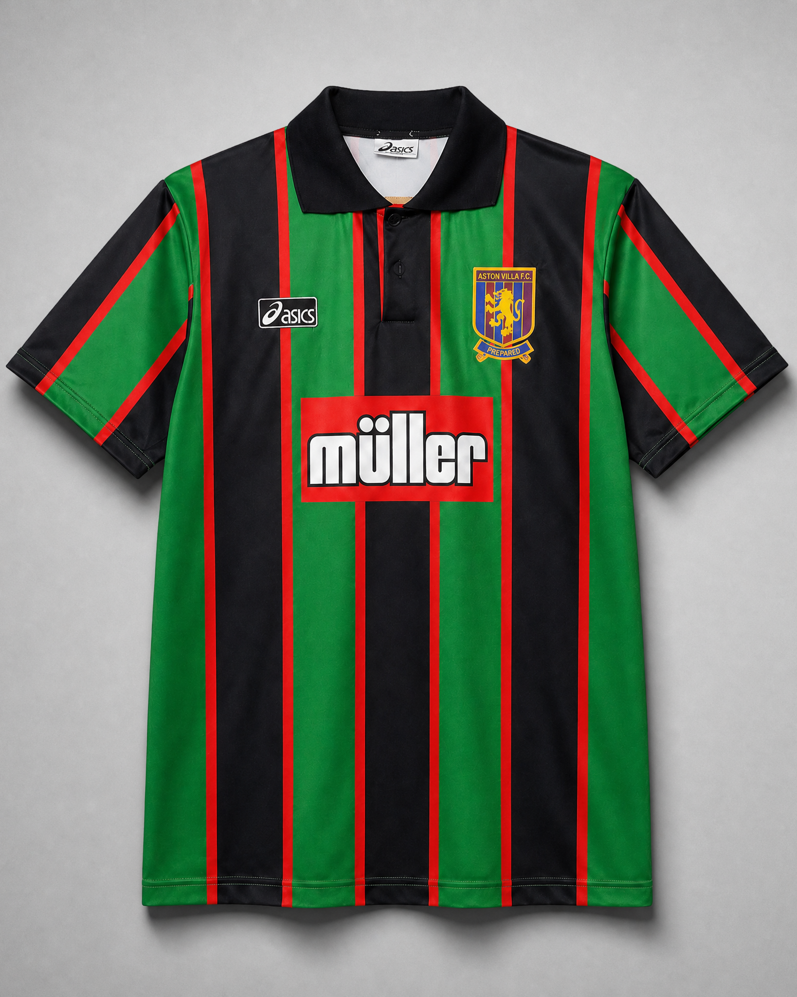 Aston Villa maglia away 1993/95 con strisce verdi nere e rosse