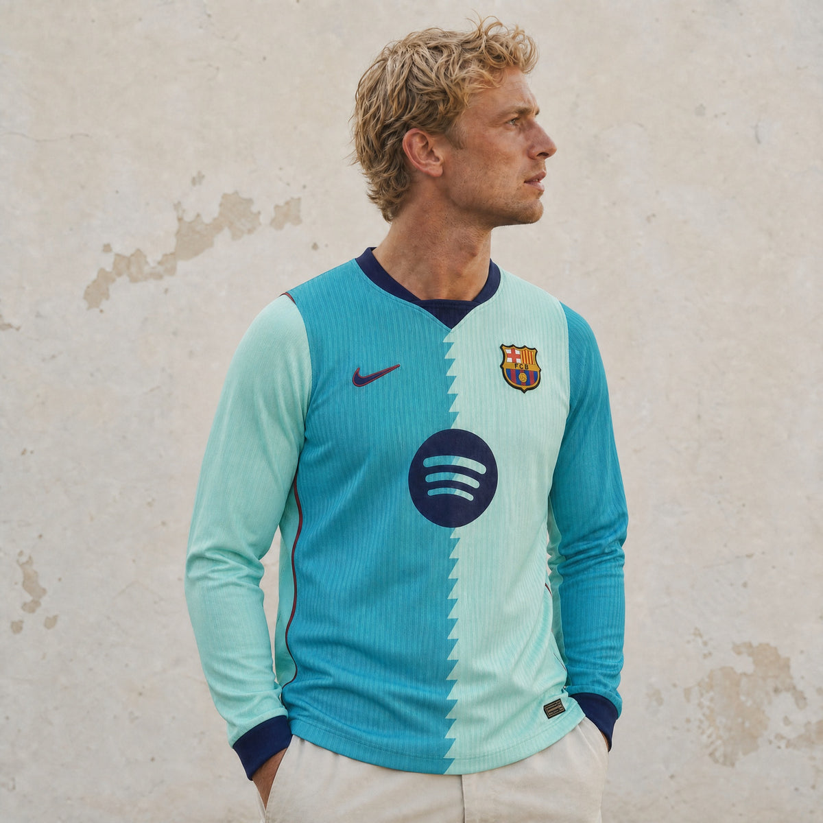 Maglia third manica lunga Barcellona 2026/27 vista frontale design bicolore azzurro