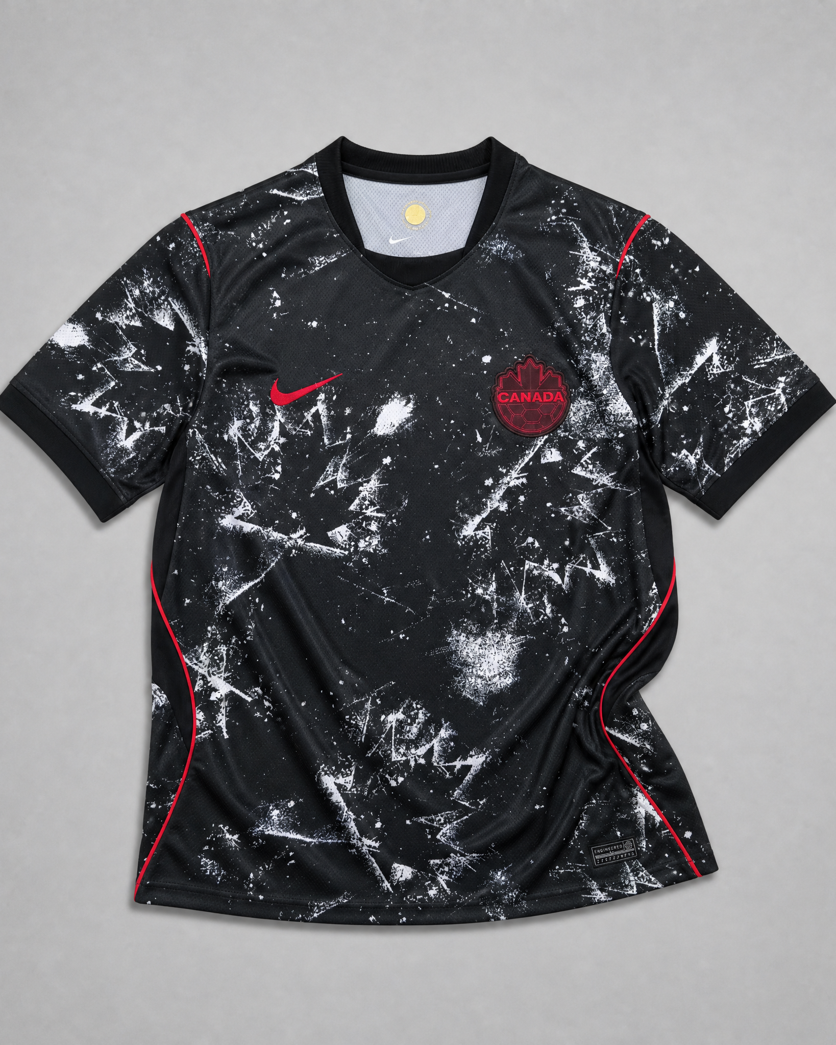Maglia Canada Away 2026 World Cup nera vista frontale pattern astratto spray