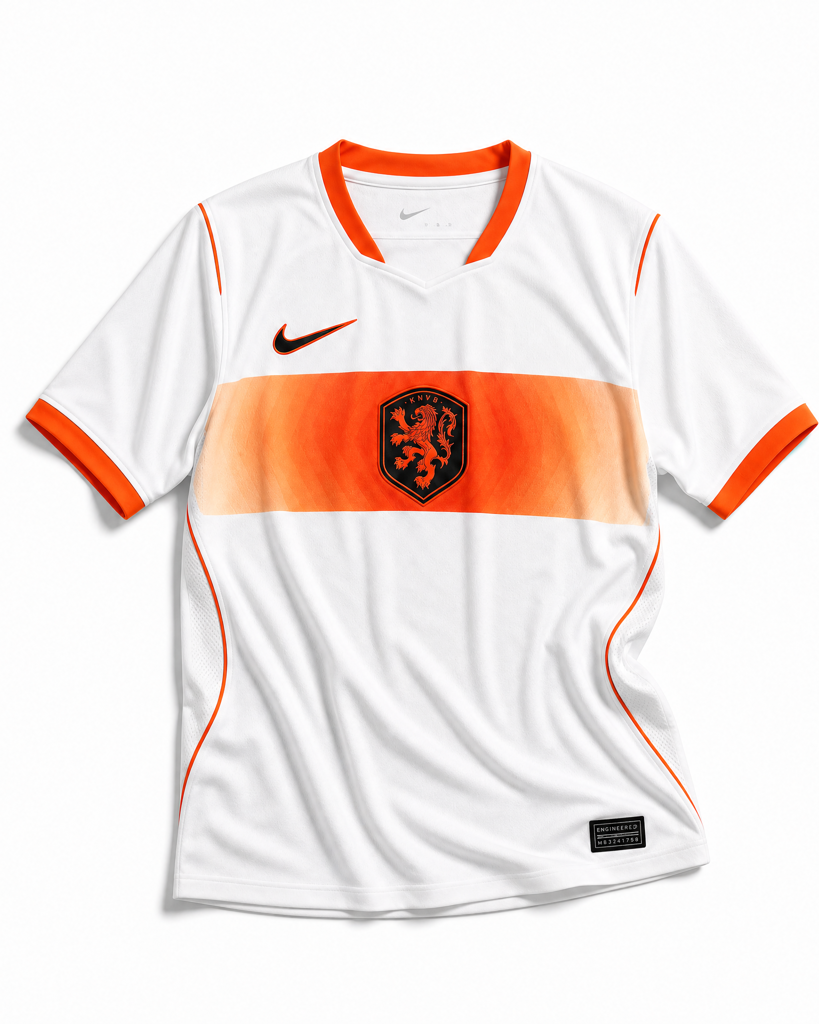 Fronte della maglia away dell'Olanda 2026 chiara con fascia orizzontale arancione sul petto e stemma del leone