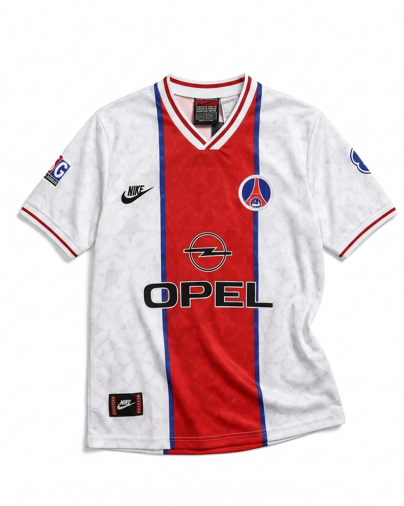 Fronte della maglia away del PSG 1995/96 bianca con banda centrale rossa e sponsor Opel sul petto