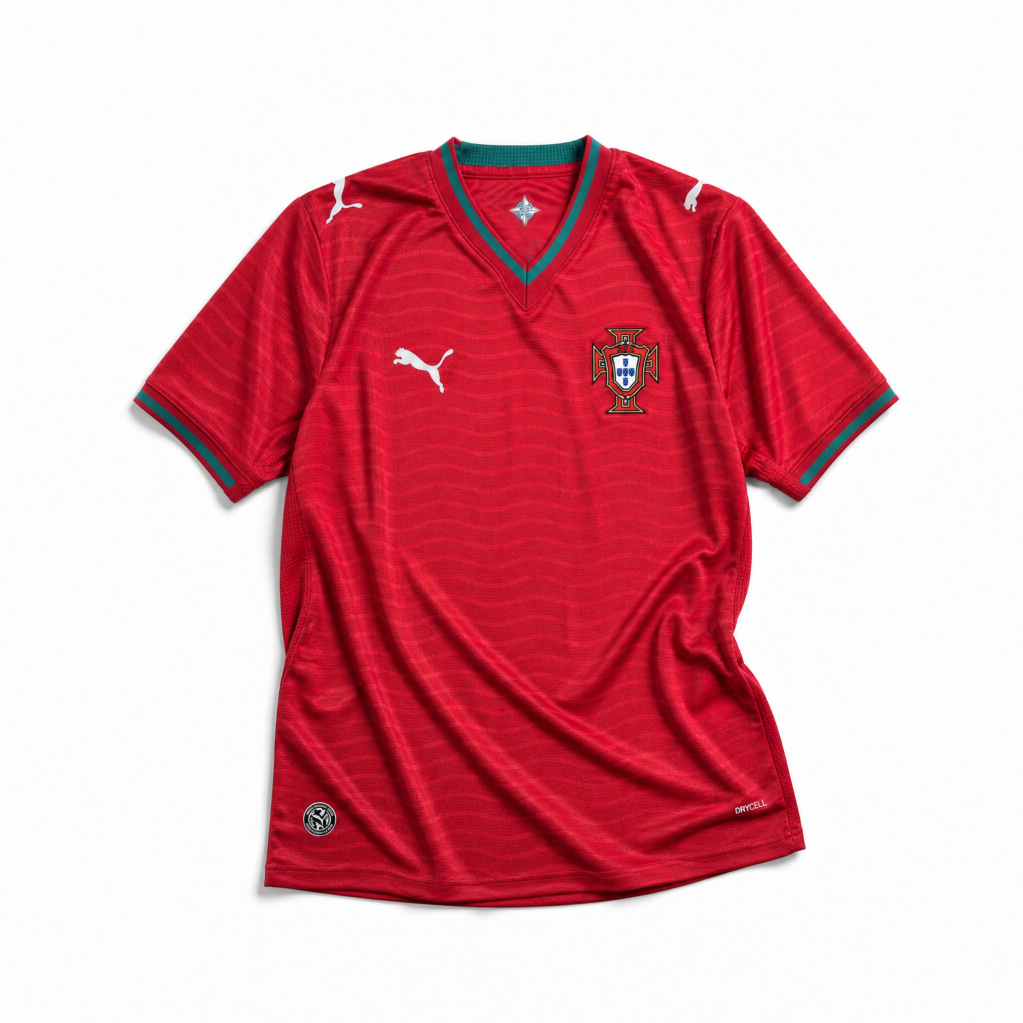 Fronte della maglia home Portogallo 2026 rosso scuro con trama a micro-righe orizzontali e stemma ricamato sul petto