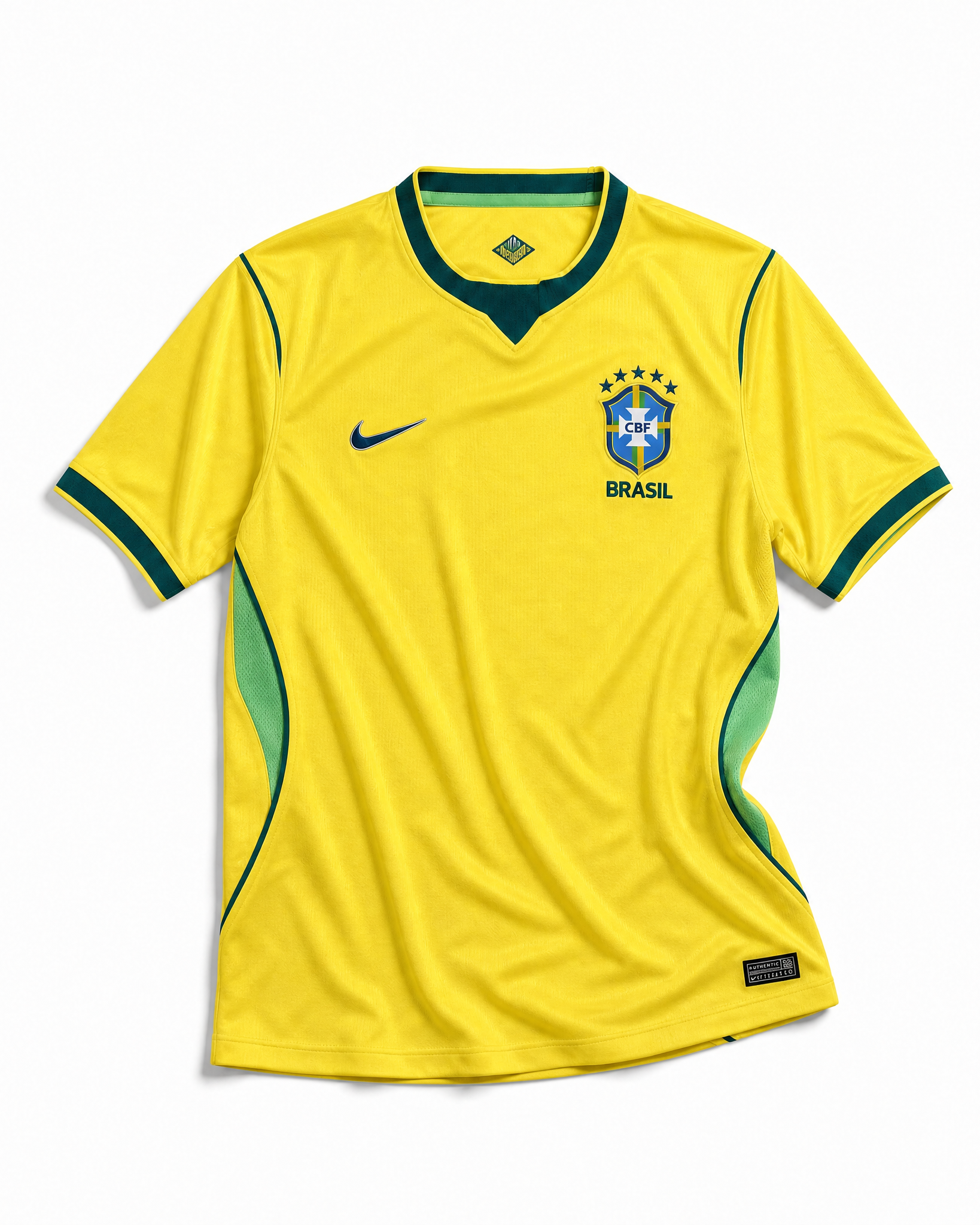 Fronte della maglia home del Brasile 2026 giallo oro con dettagli verdi e stemma stellato sul petto