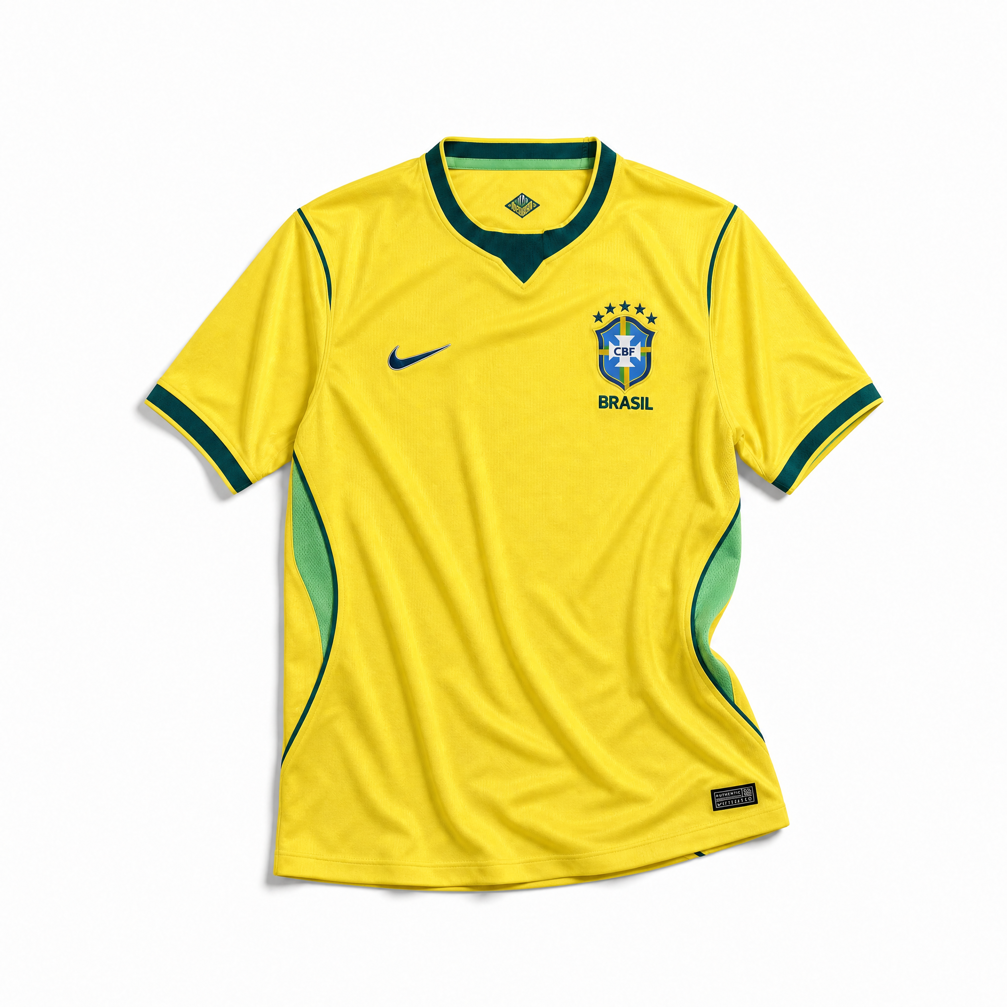 Fronte della maglia home del Brasile 2026 giallo oro con dettagli verdi e stemma stellato sul petto