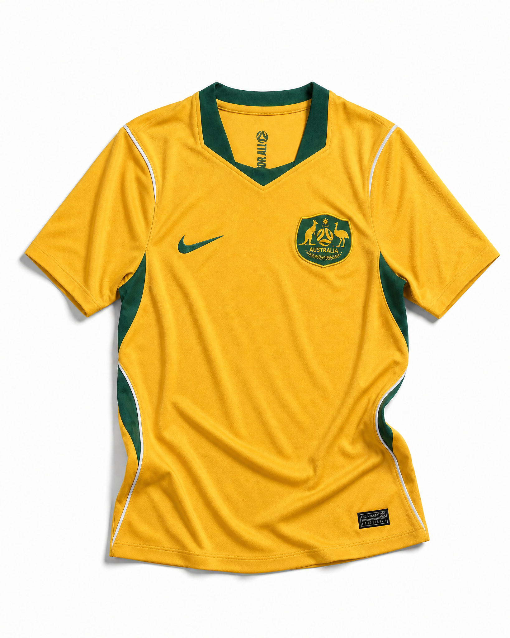 Fronte della maglia home dell'Australia 2026 oro con inserti verdi e stemma ufficiale ricamato sul petto