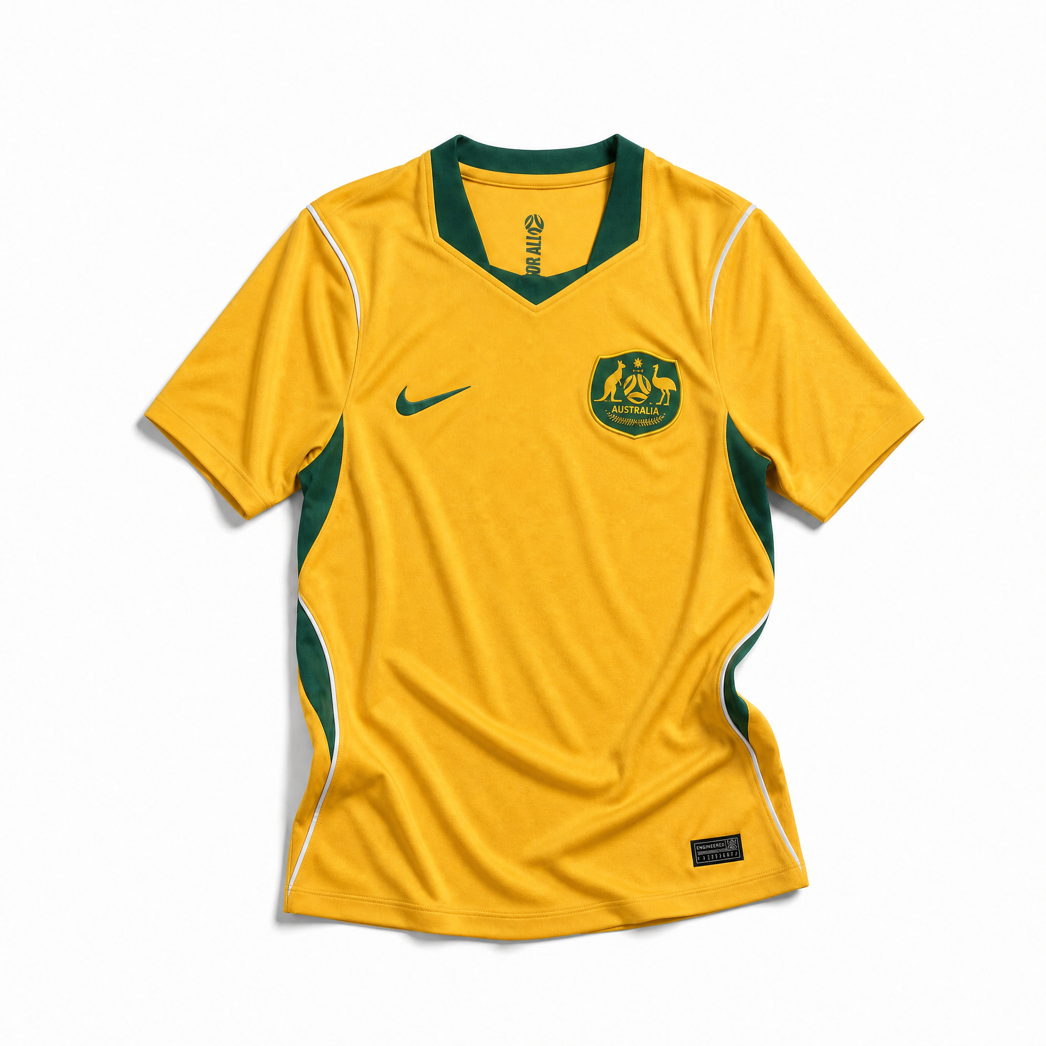 Fronte della maglia home dell'Australia 2026 oro con inserti verdi e stemma ufficiale ricamato sul petto