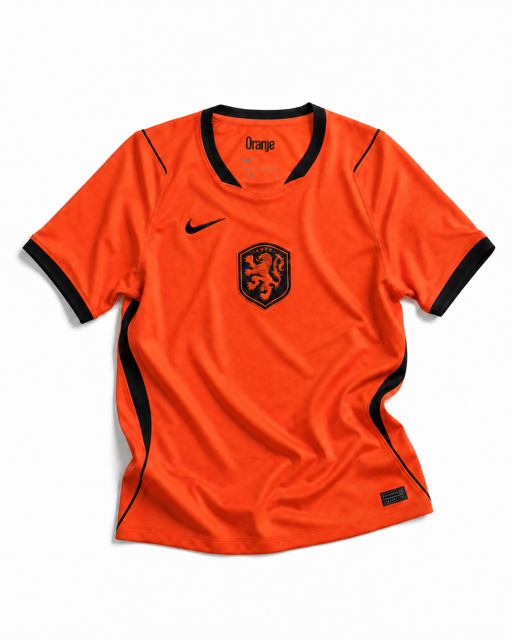 Fronte della maglia home dell'Olanda 2026 arancione brillante con dettagli neri e stemma del leone sul petto