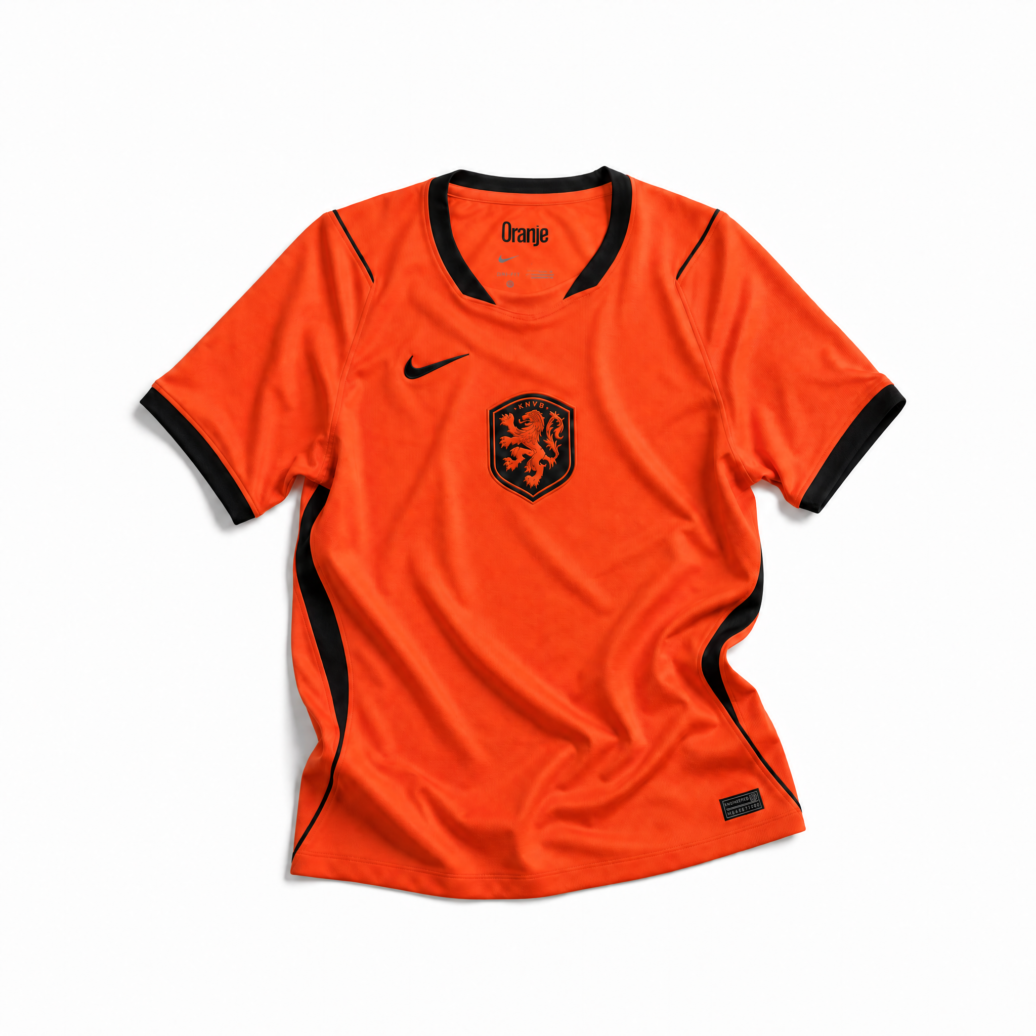 Fronte della maglia home dell'Olanda 2026 arancione brillante con dettagli neri e stemma del leone sul petto