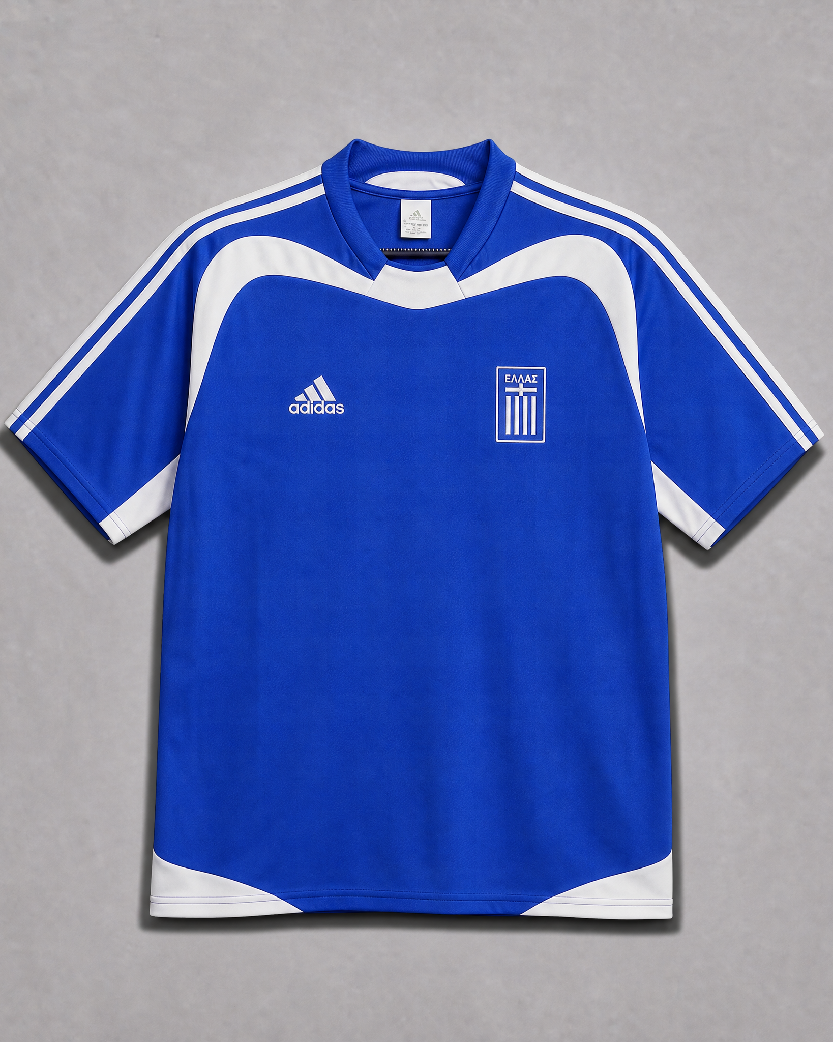 Maglia Grecia Away 2004 World Cup blu dettagli bianchi vista frontale
