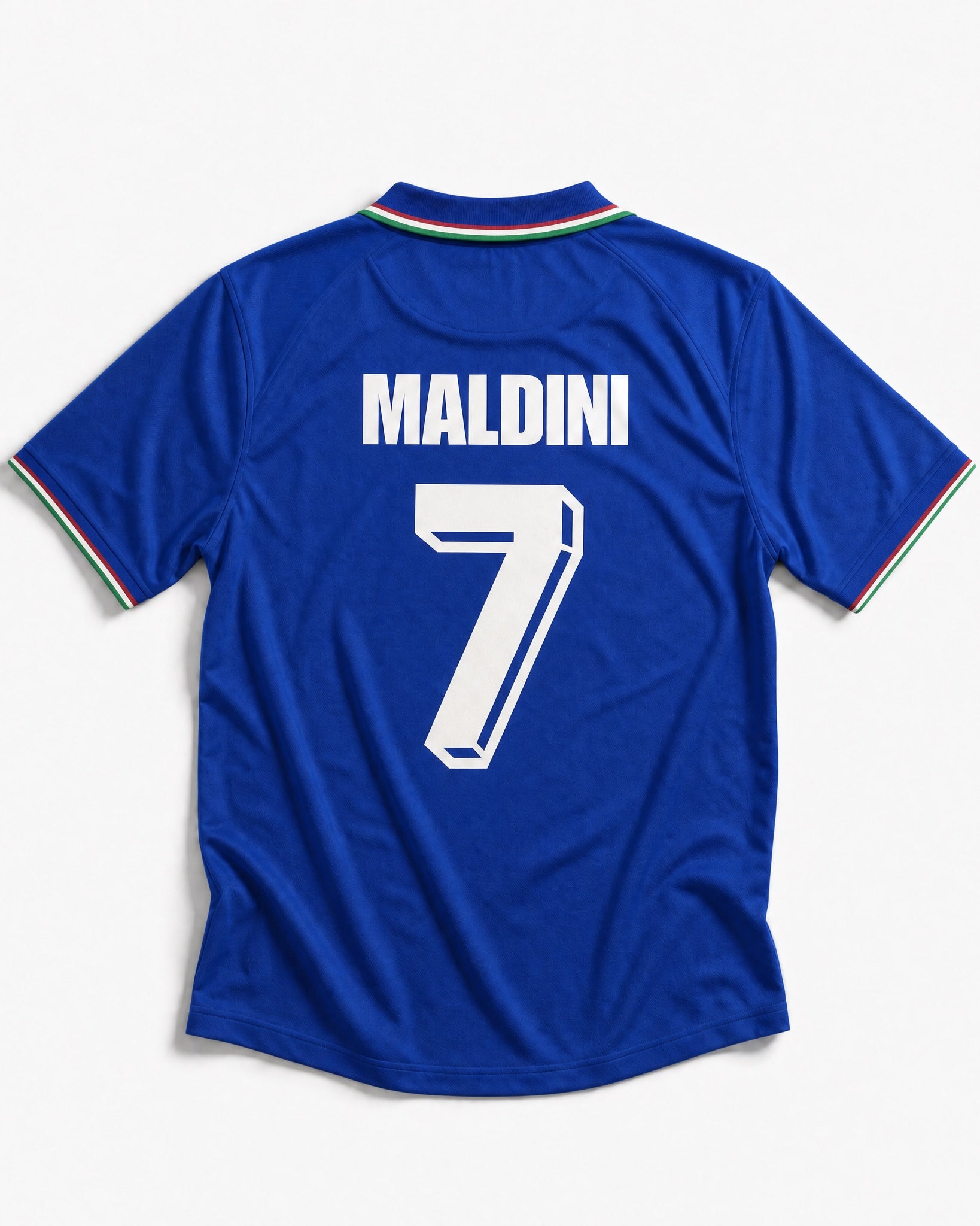 Fronte maglia home Italia 1990 con colletto a polo tricolore e stemma FIGC.