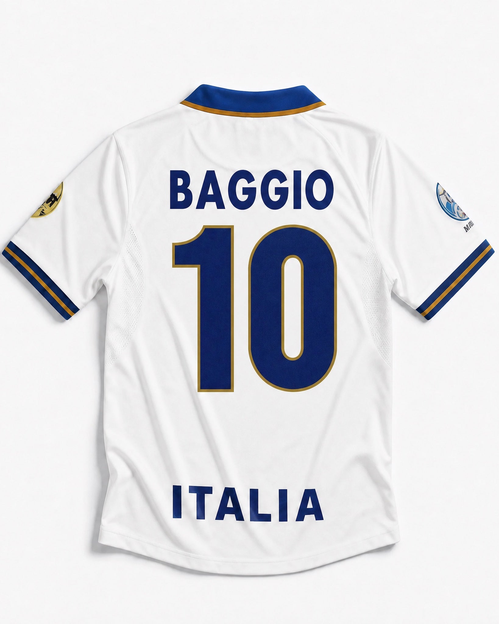 Fronte maglia away Italia 1996 con stemma FIGC e colletto azzurro/oro.