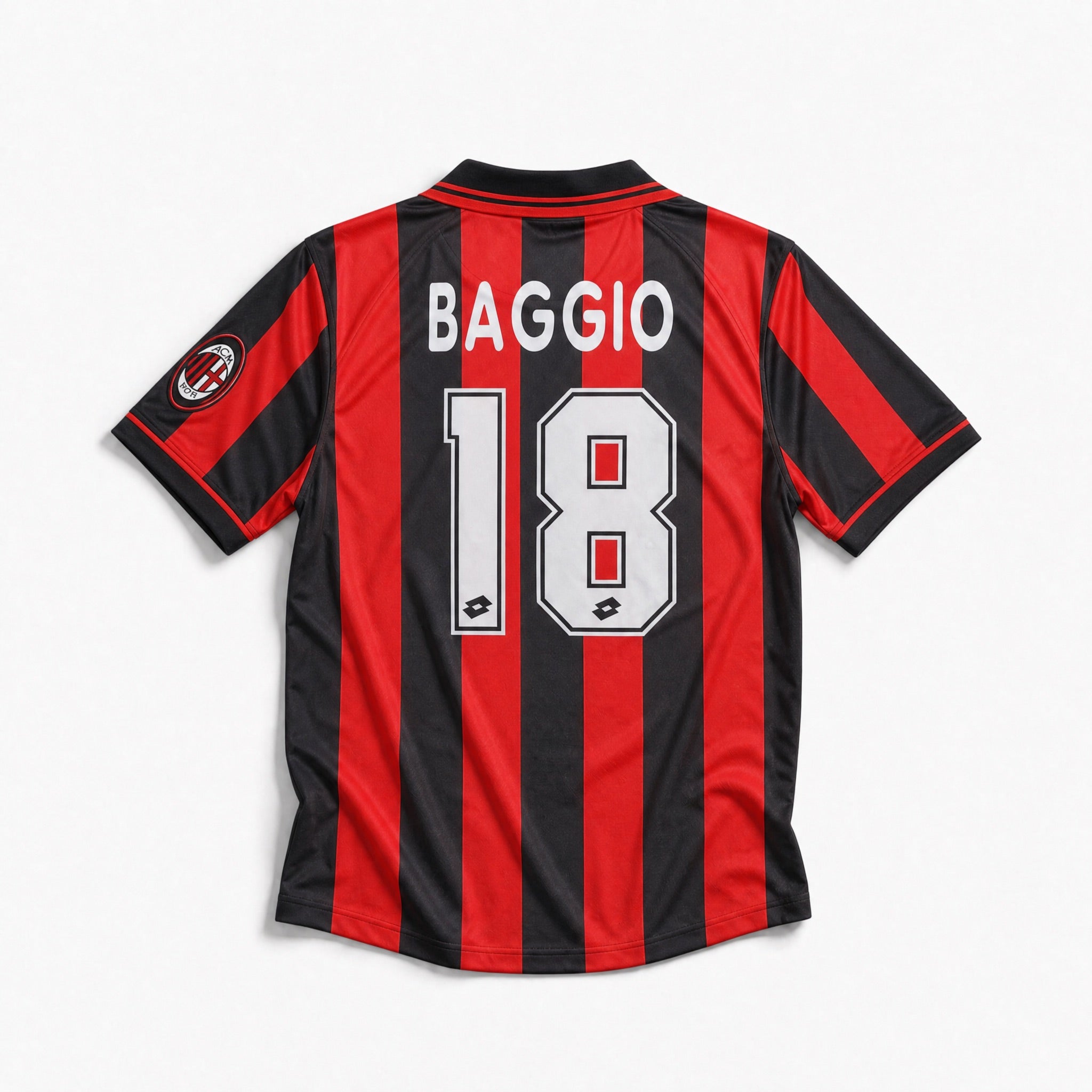 Retro maglia rossonera Milan 1996/97 con nome Baggio e numero 18 argento.