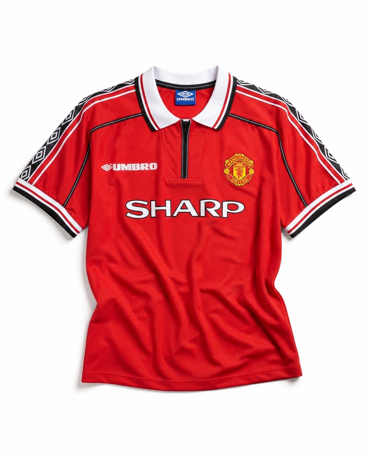 Maglia Beckham Manchester United Home 1998/99 rossa vista frontale con dettagli vintage anni '90