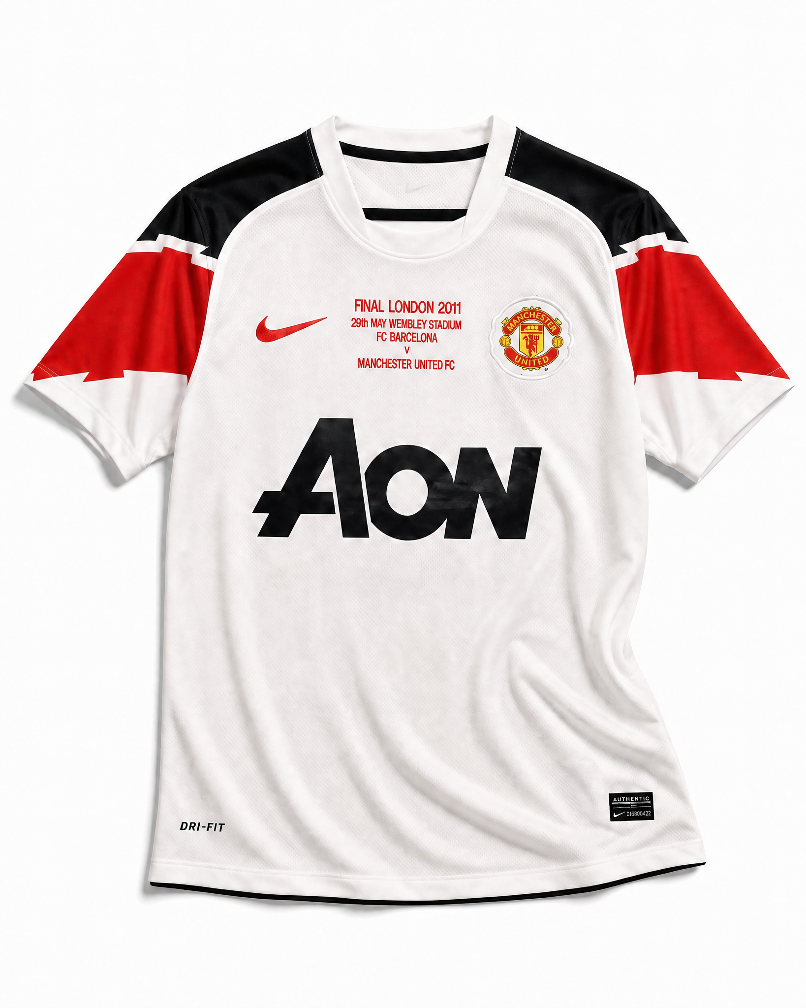 Maglia Manchester United Away 2010/11 vista frontale bianca con dettagli rossi e neri