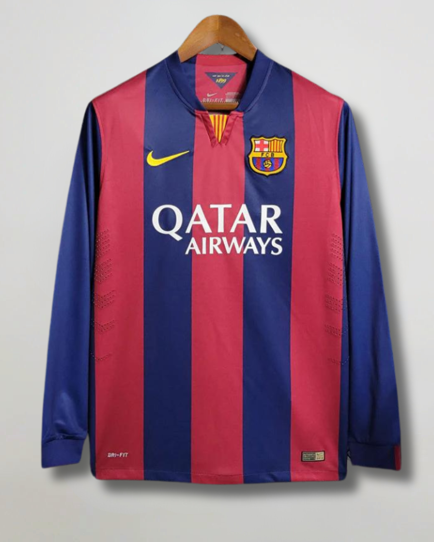 Maglia Barcellona 2014/15 maniche lunghe fronte con strisce rosso blu e sponsor Qatar Airways