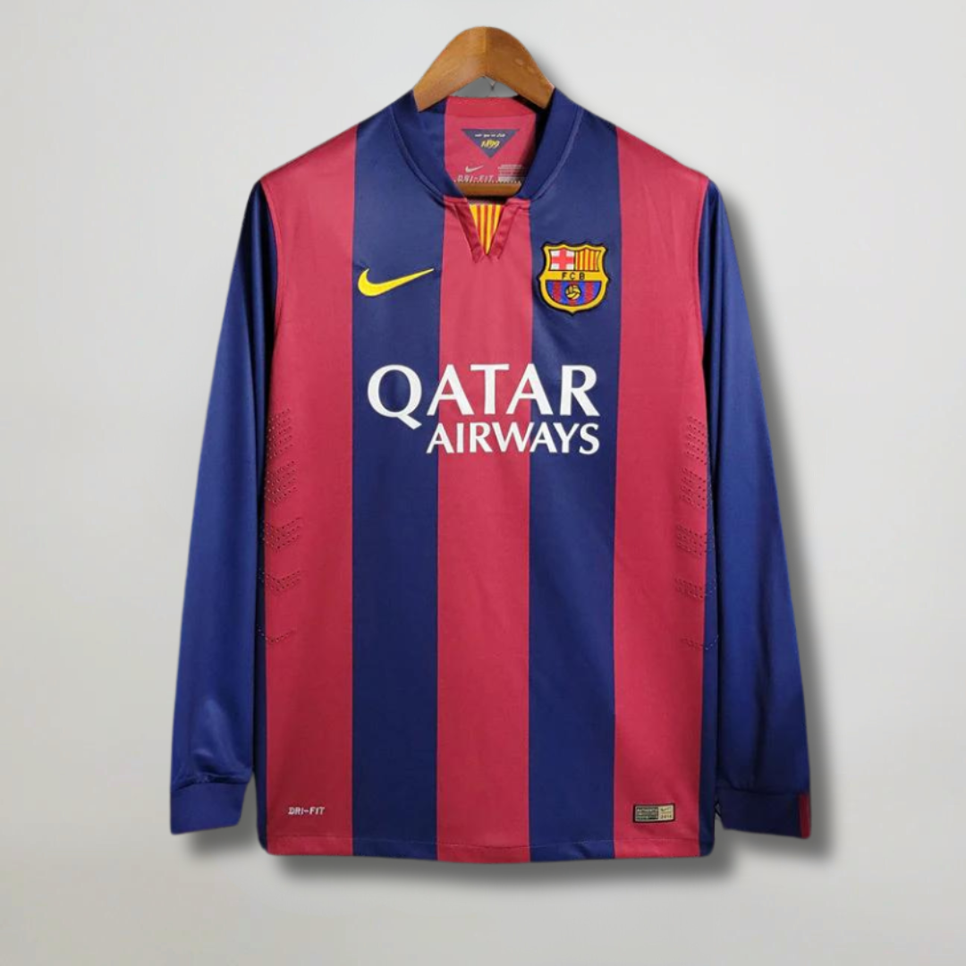 Maglia Barcellona 2014/15 maniche lunghe fronte con strisce rosso blu e sponsor Qatar Airways