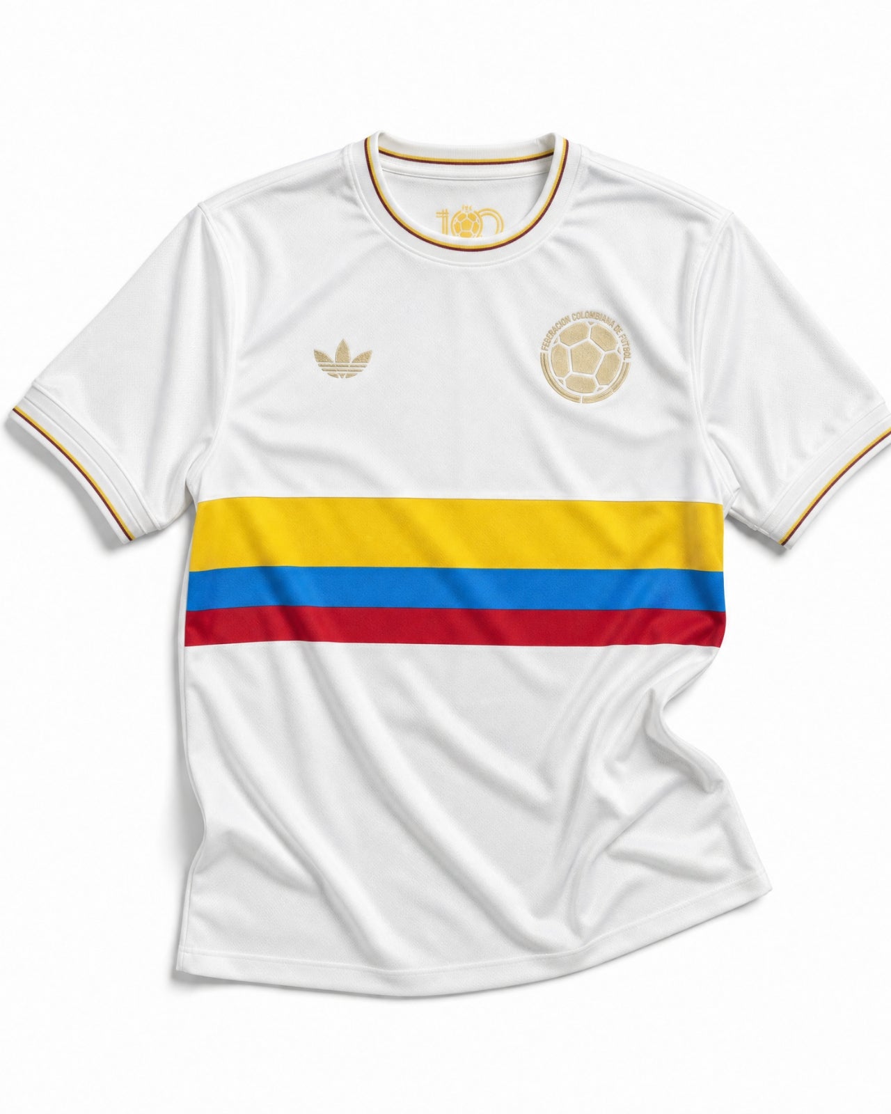 Maglia Colombia 100 anni home bianca fascia giallo blu rosso vista frontale