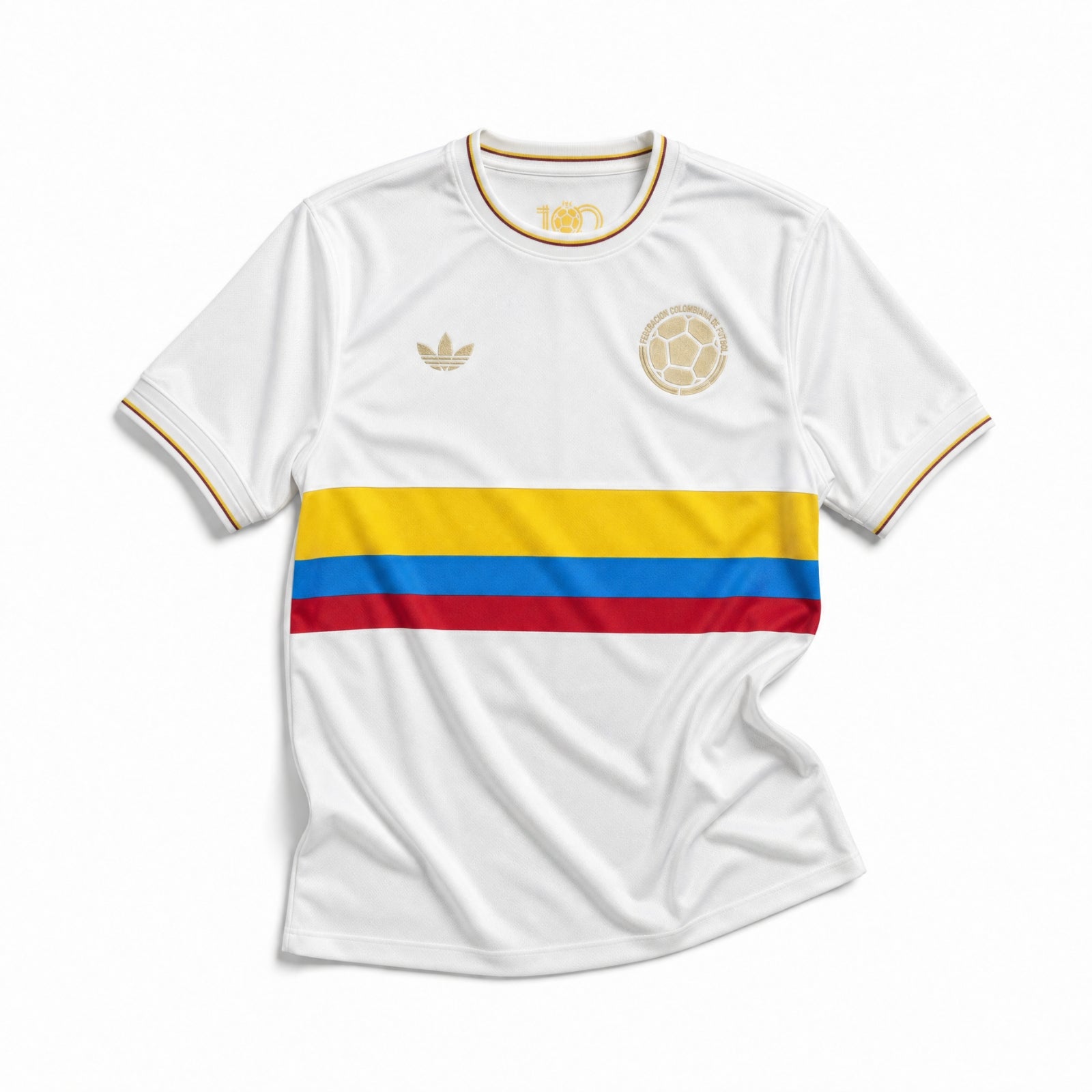 Maglia Colombia 100 anni home bianca fascia giallo blu rosso vista frontale