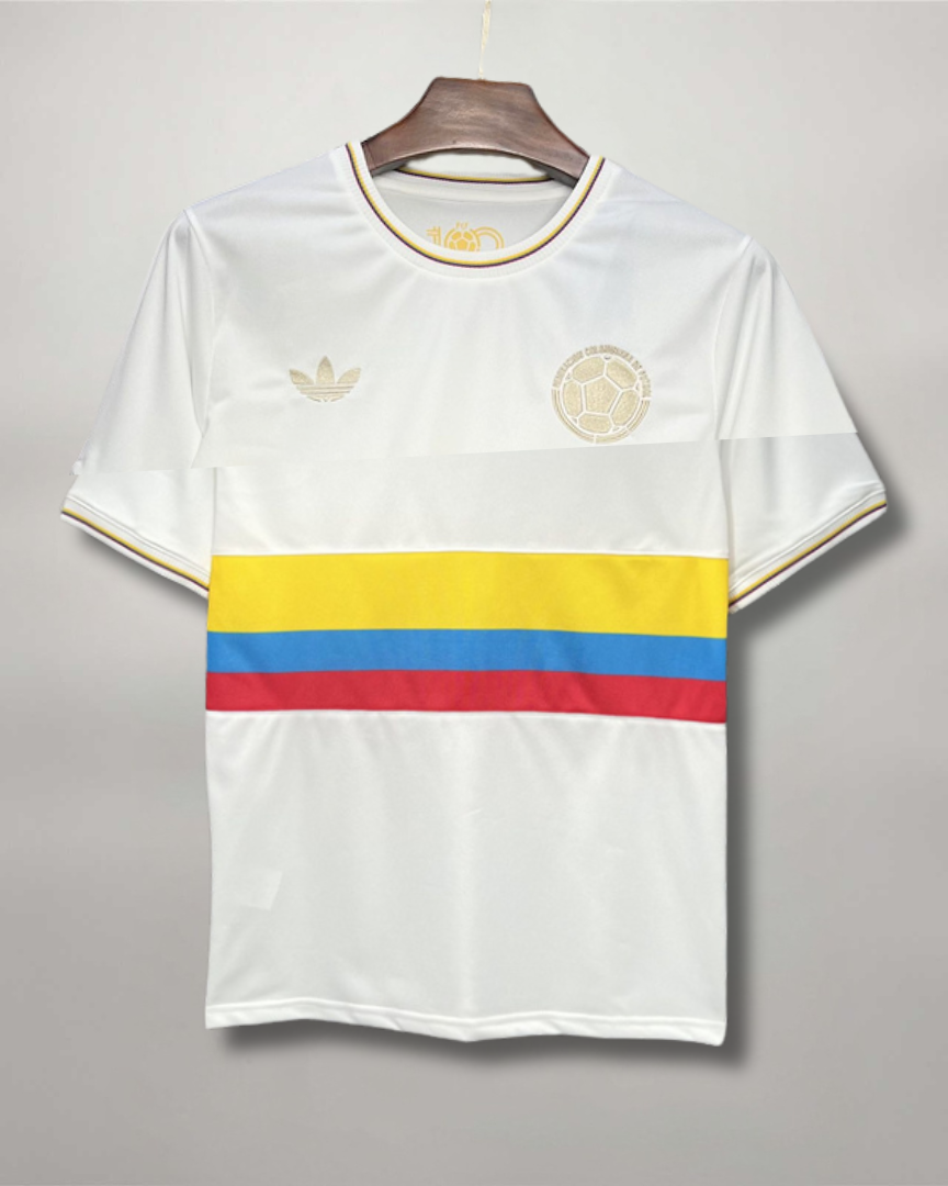 Maglia Colombia 100 anni home bianca fascia giallo blu rosso vista frontale