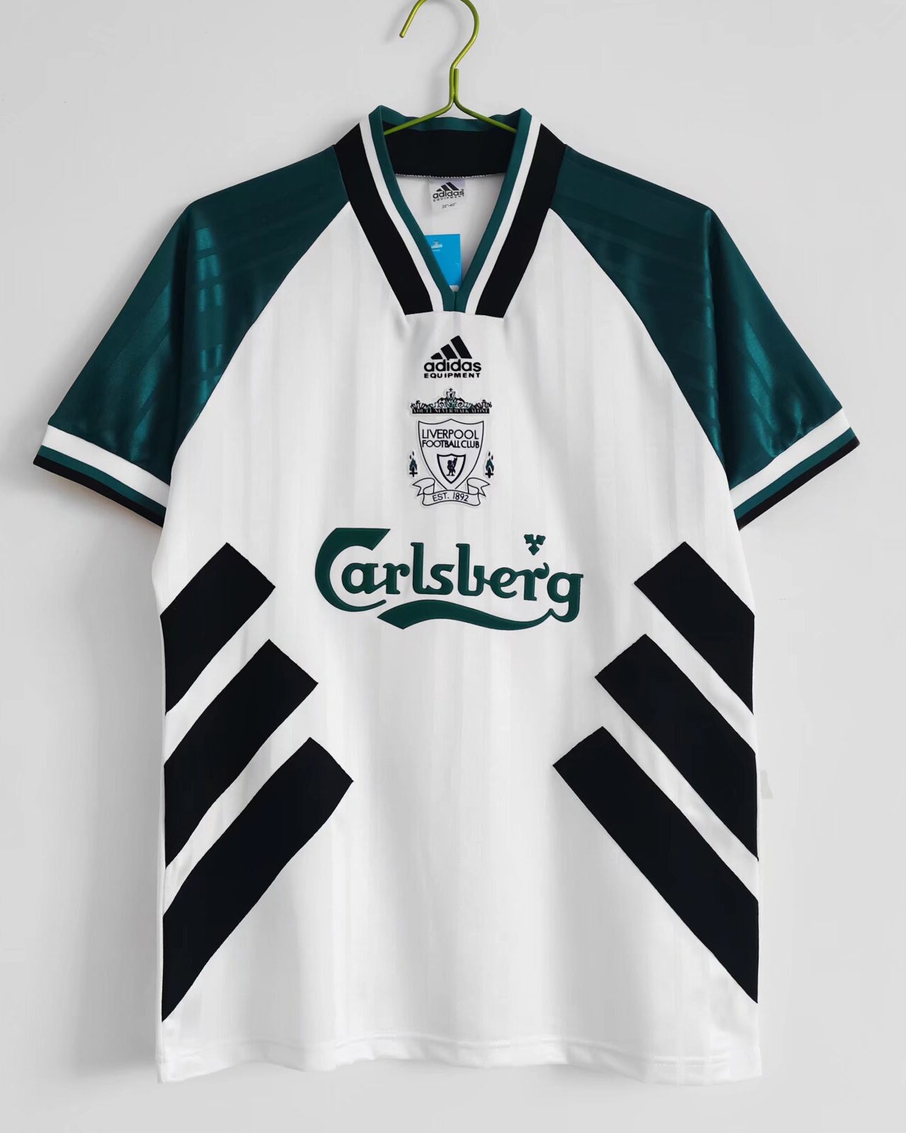 Maglia Liverpool Away 1993/94 verde bianca Adidas sponsor Carlsberg vista frontale