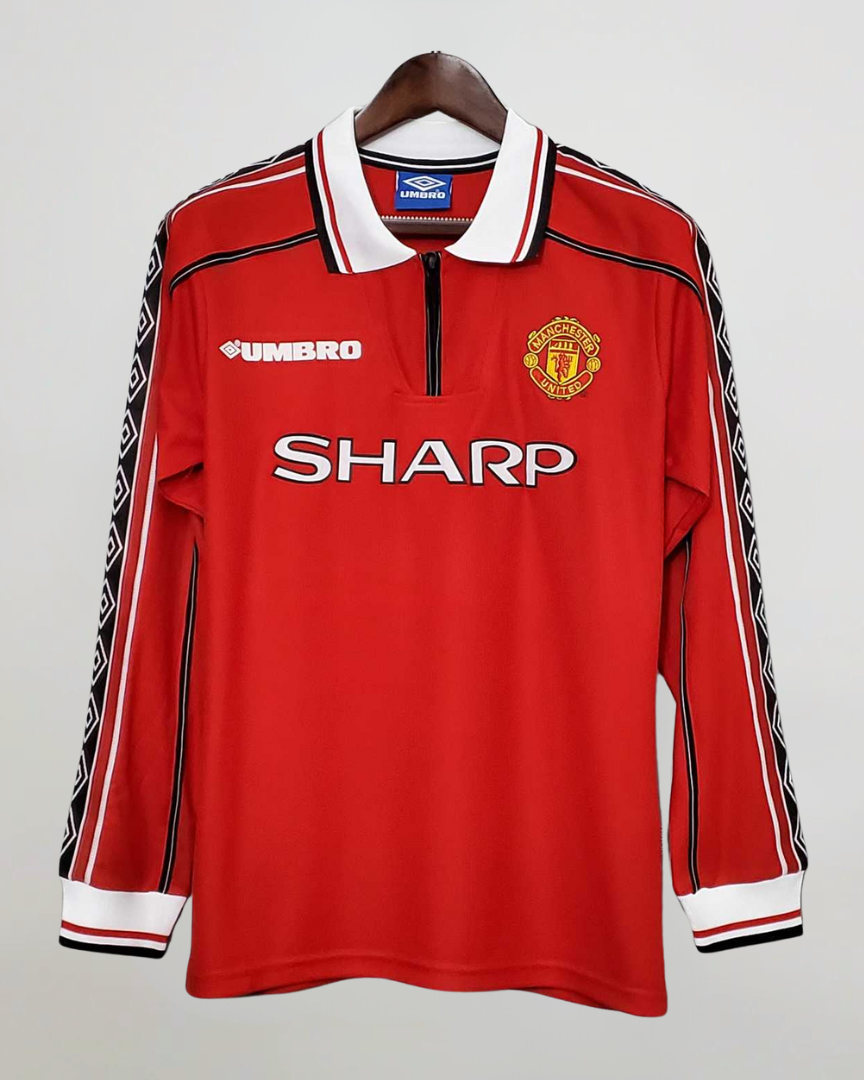 Maglia Manchester United 1998/99 home manica lunga rossa sponsor Sharp vista frontale