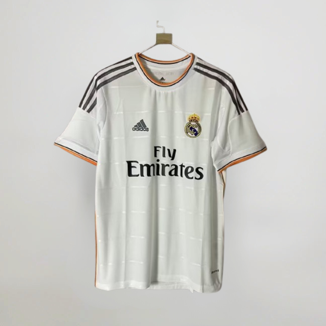 Maglia Real Madrid 2013/14 home bianca dettagli arancioni vista frontale