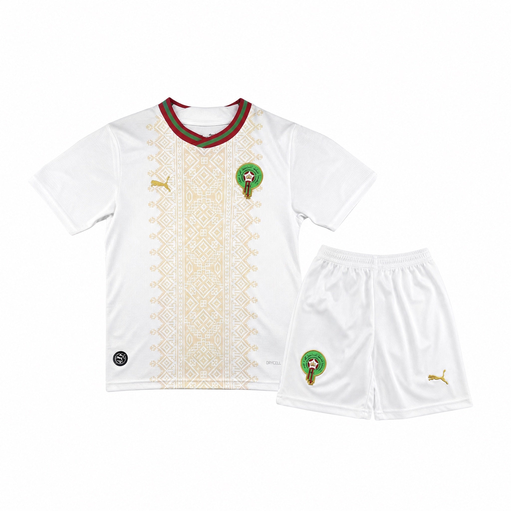 Marocco Completo Away 2026 World Cup Bambino con maglia bianca e pantaloncini bianchi vista posteriore.