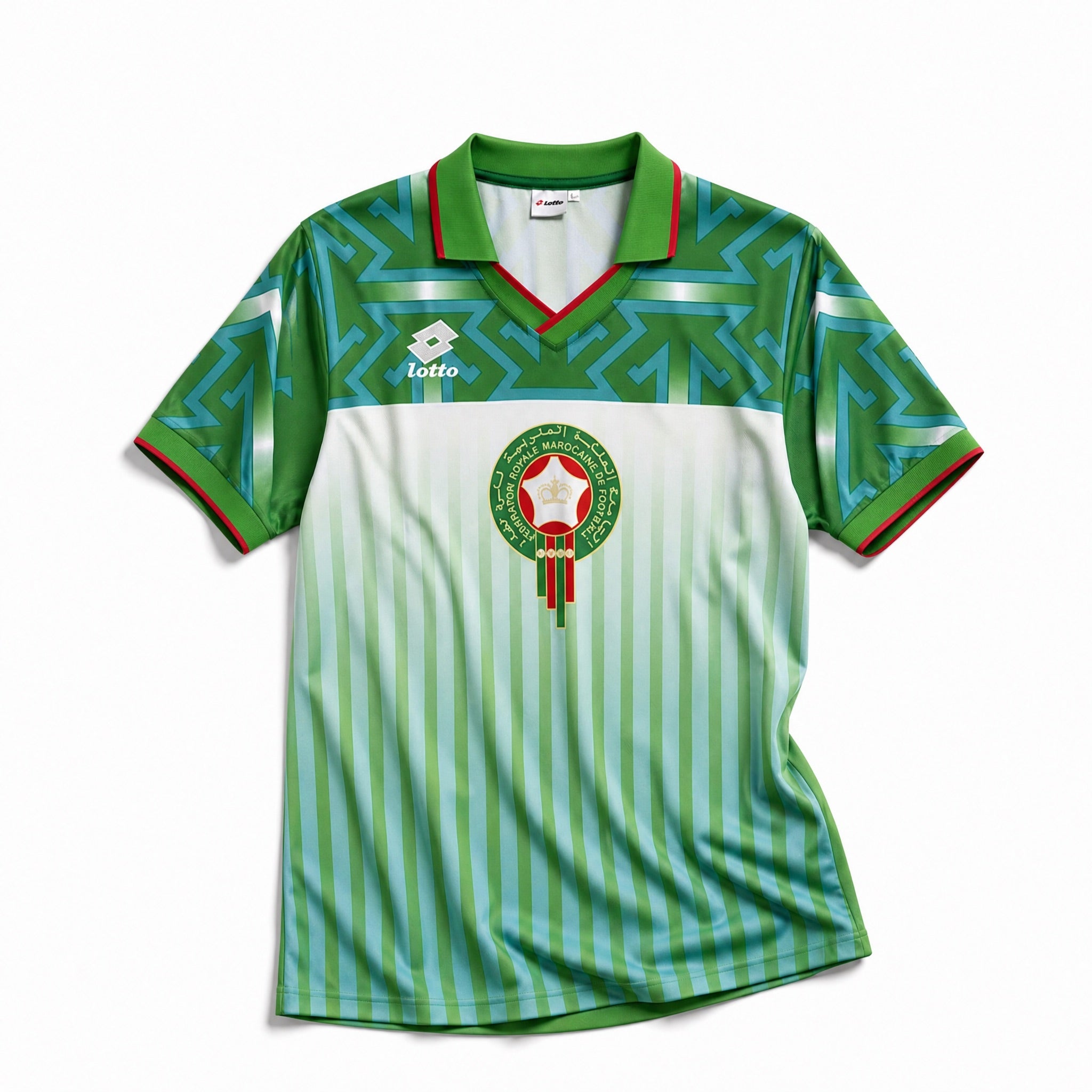 Maglia Away Marocco 1994 World Cup bianca e verde vista frontale con motivo geometrico.