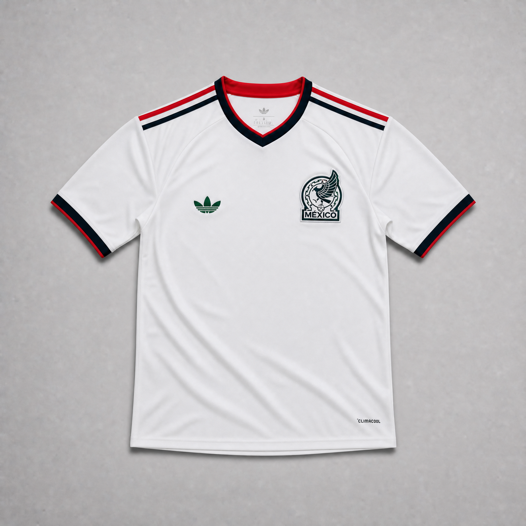 Maglia away Messico Coppa del Mondo 2026 — vista frontale, colore bianco con colletto a V in verde e rosso, stemma nazionale sul petto sinistro