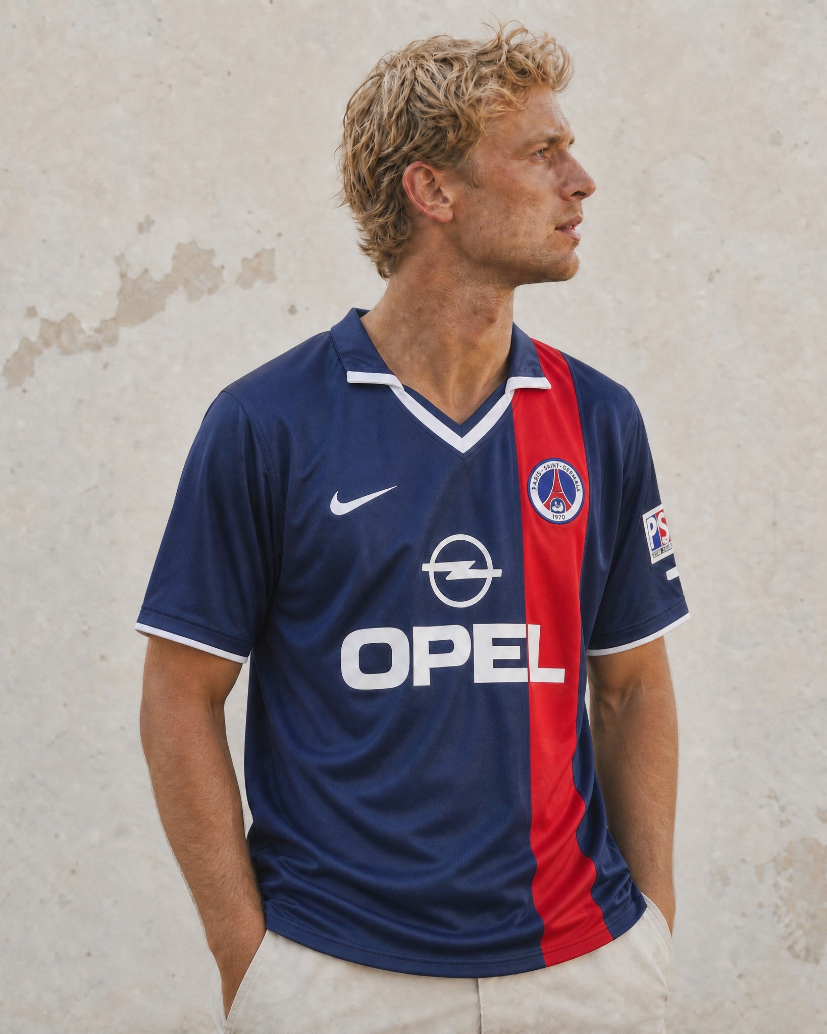 Maglia PSG home 2001/02 fronte blu con banda rossa sponsor Opel