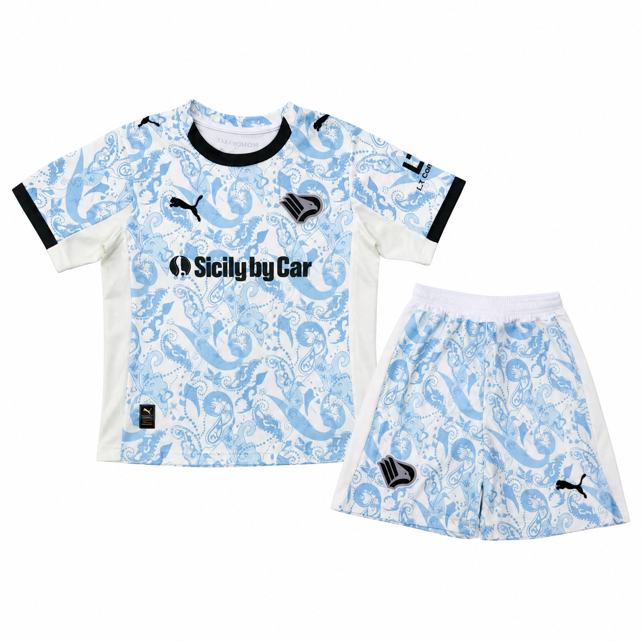 Palermo completo Third Bambino 2025/26 con maglia chiara e fantasia azzurra