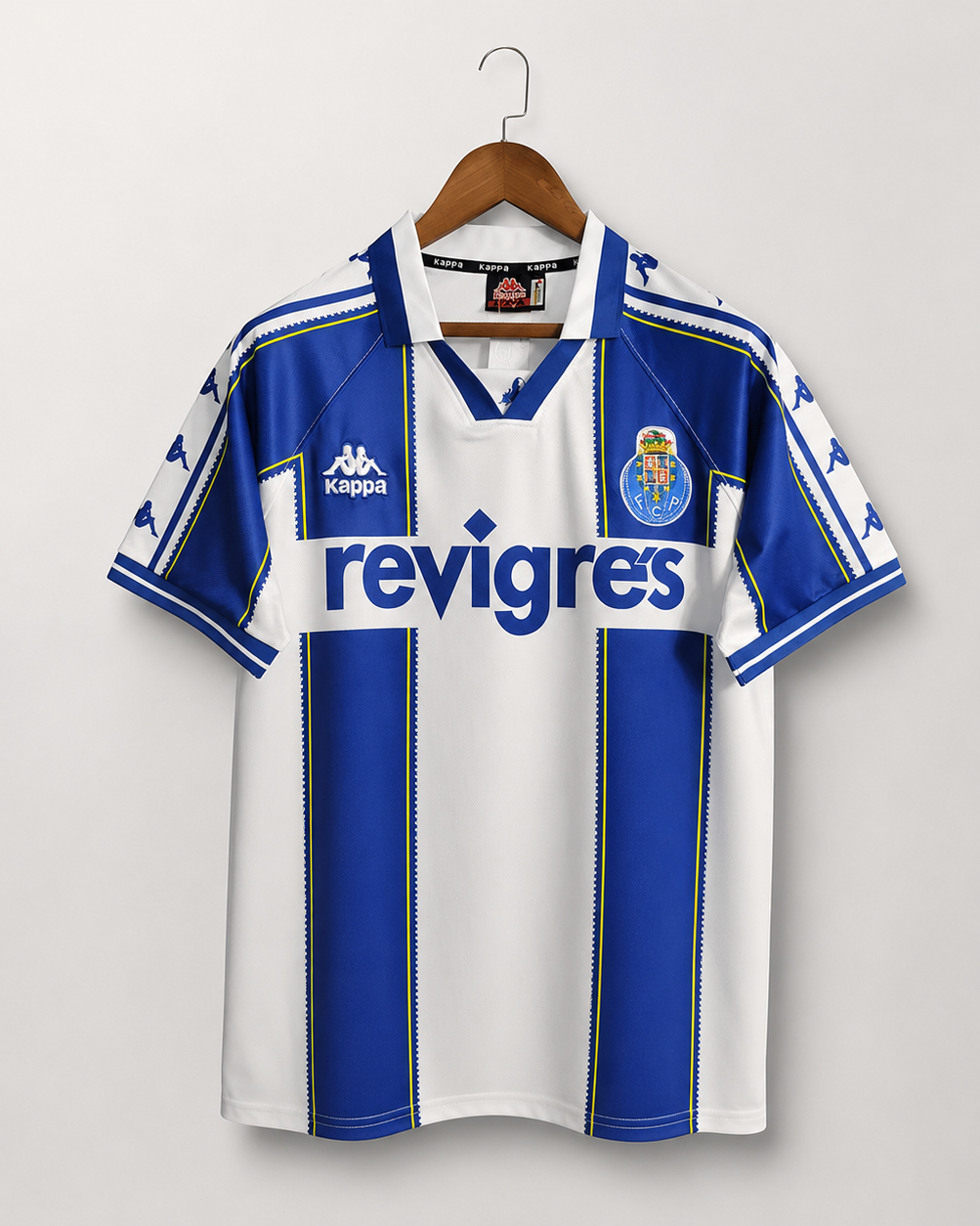 Porto maglia home 1997/99 vintage a strisce blu e bianche vista frontale