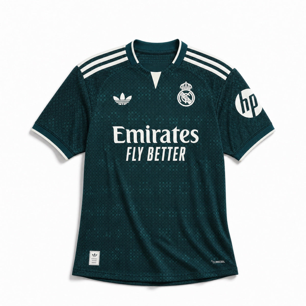 Maglia Real Madrid Away 2026/27 di Mbappé, verde scuro con stemma del club e rifiniture bianche, vista frontale