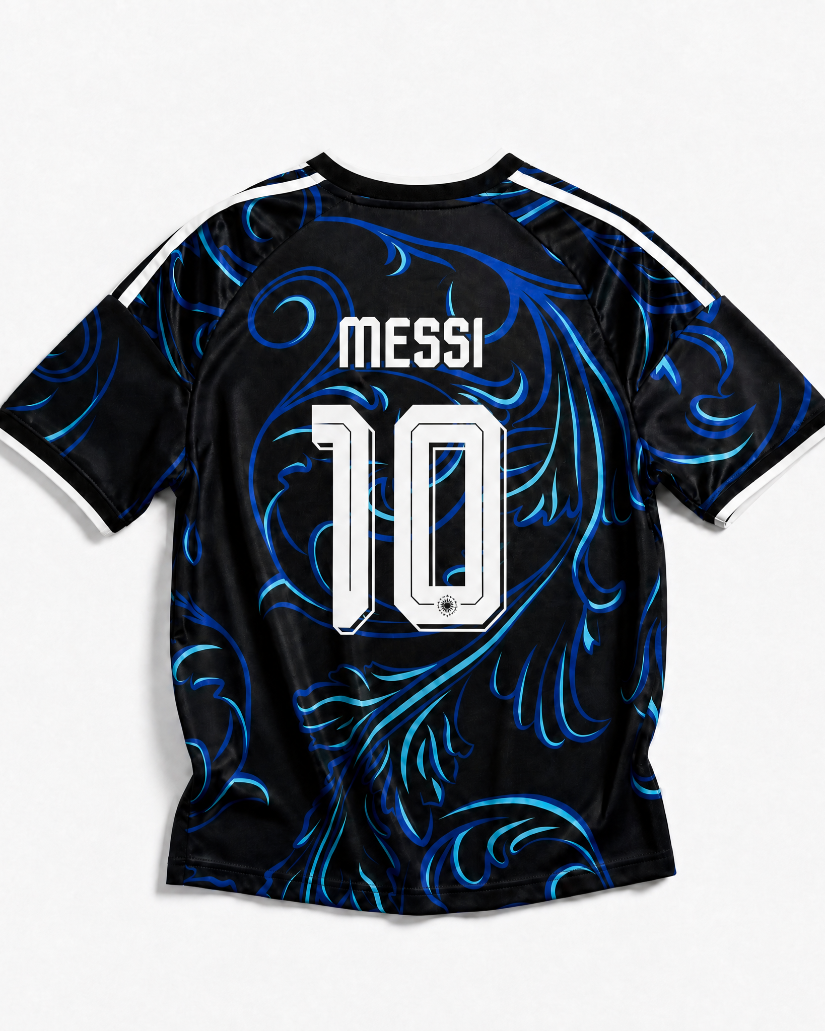 Retro della maglia blu da trasferta Argentina 2026 con nome Messi e numero 10 stampati in bianco.