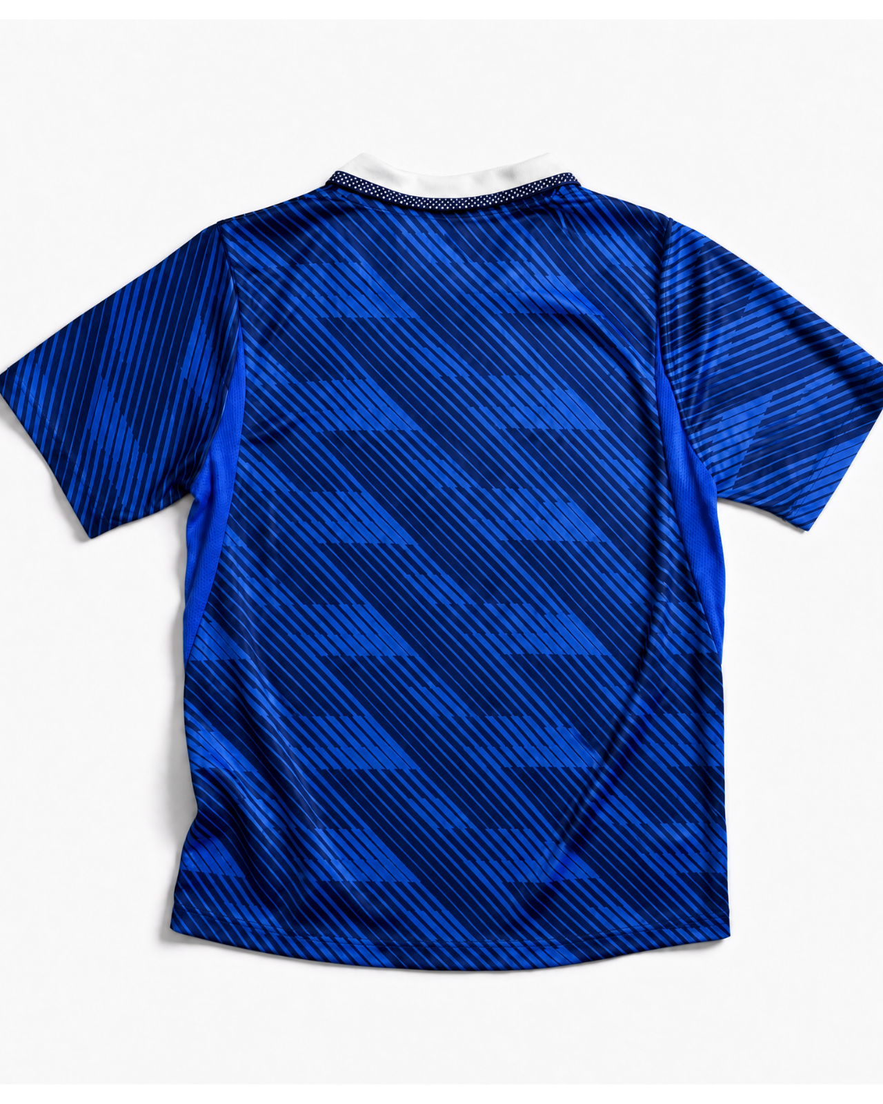 Retro della maglia blu della nazionale francese 2026 con motivo grafico a contrasto