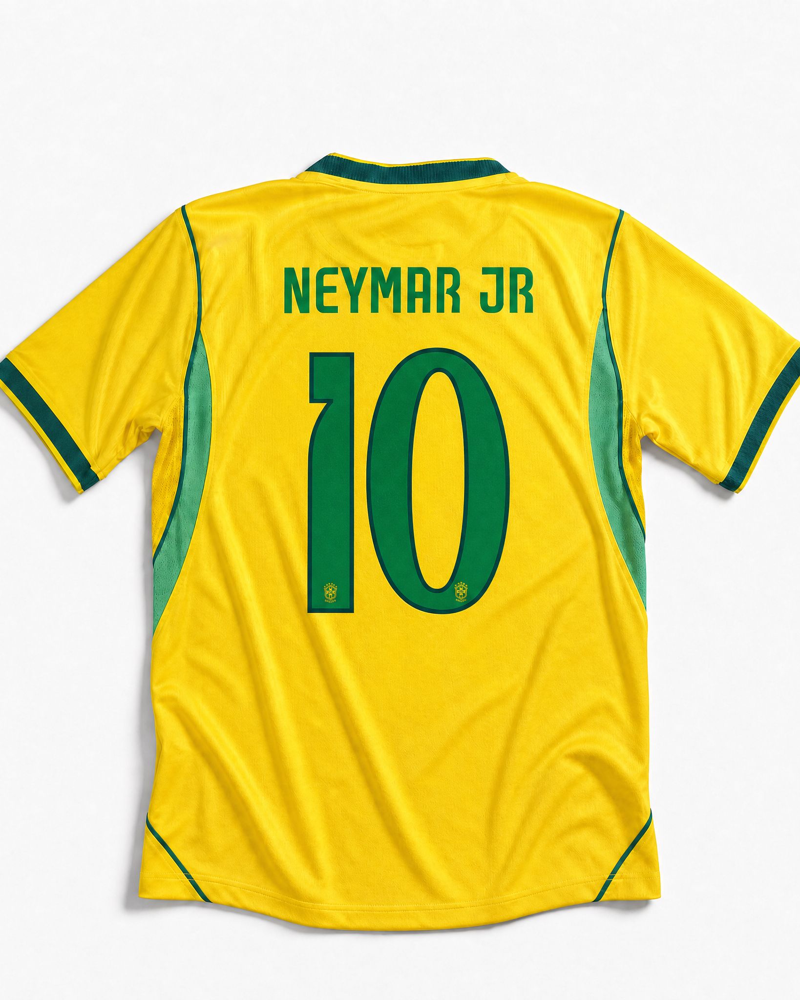 Retro della maglia gialla del Brasile 2026 con nome Neymar Jr e numero 10 verde.