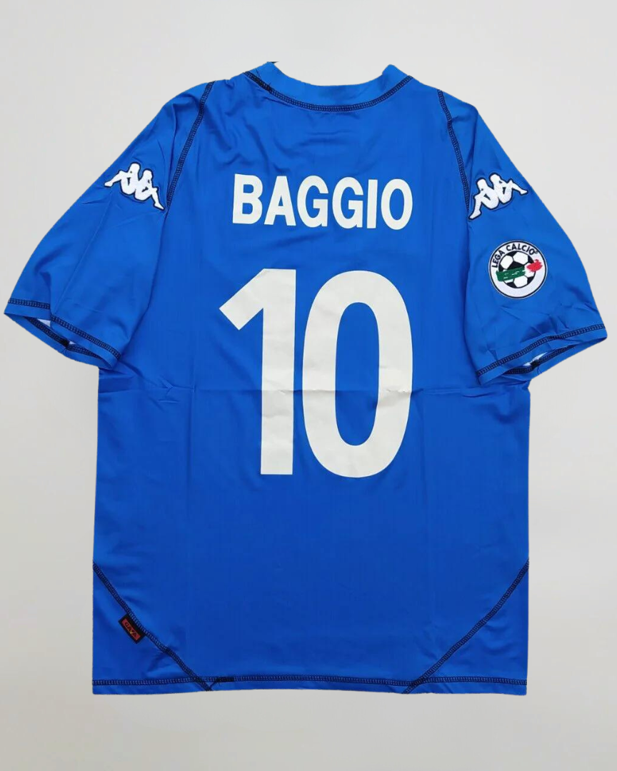 Retro maglia azzurra Brescia 2003/04 Baggio numero 10 bianco con font ufficiale.
