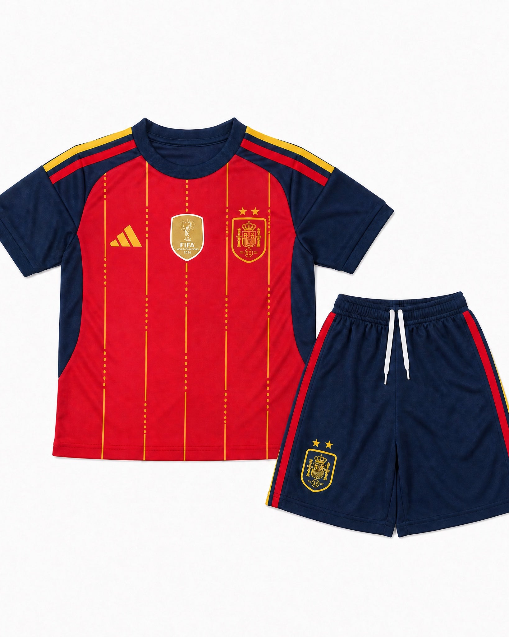 Completo Home Bambino Spagna Mondiali 2026 con maglia rossa e pantaloncini blu vista frontale.