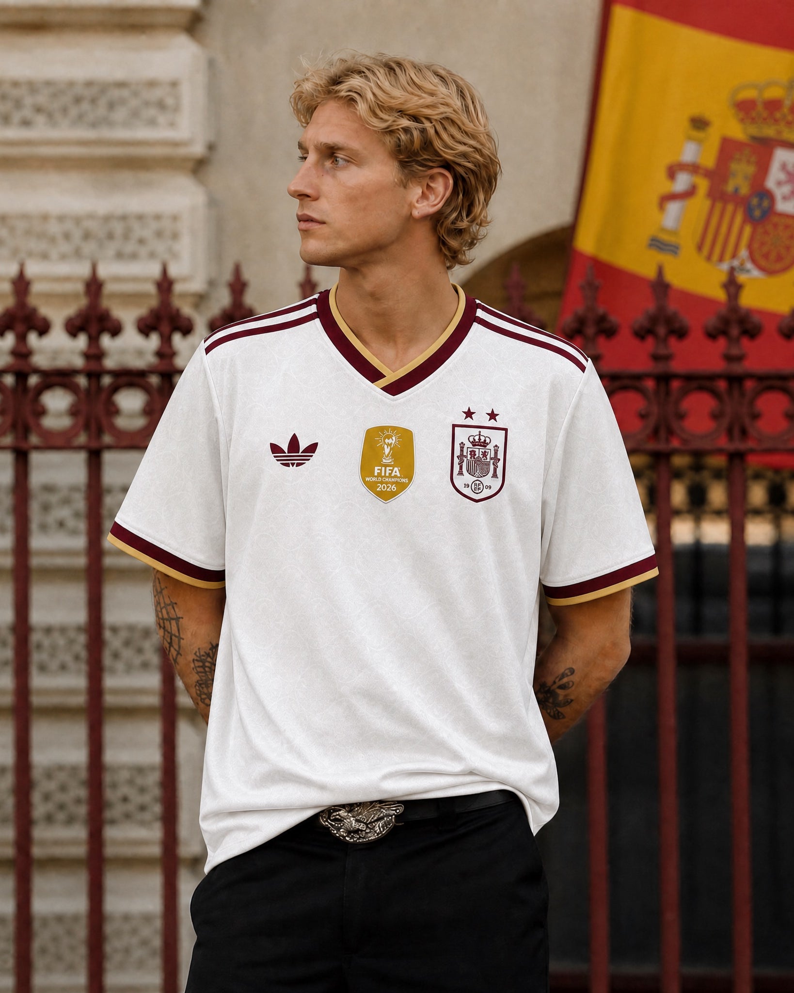 Giocatore che indossa la Maglia Away Spagna Campioni del Mondo 2026.