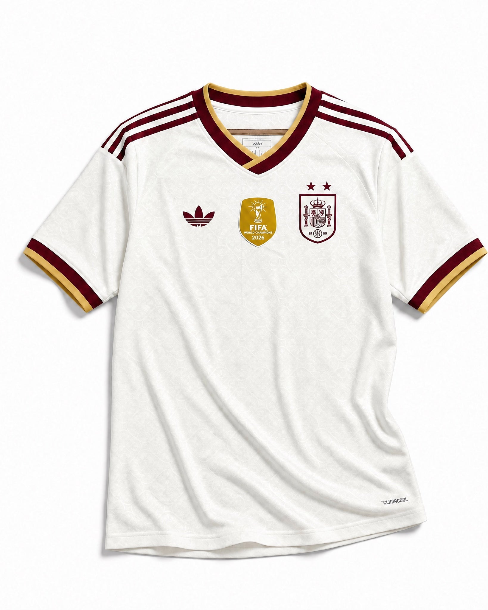 Maglia Away Spagna Campioni del Mondo 2026 vista frontale bianca con dettagli rossi e gialli.