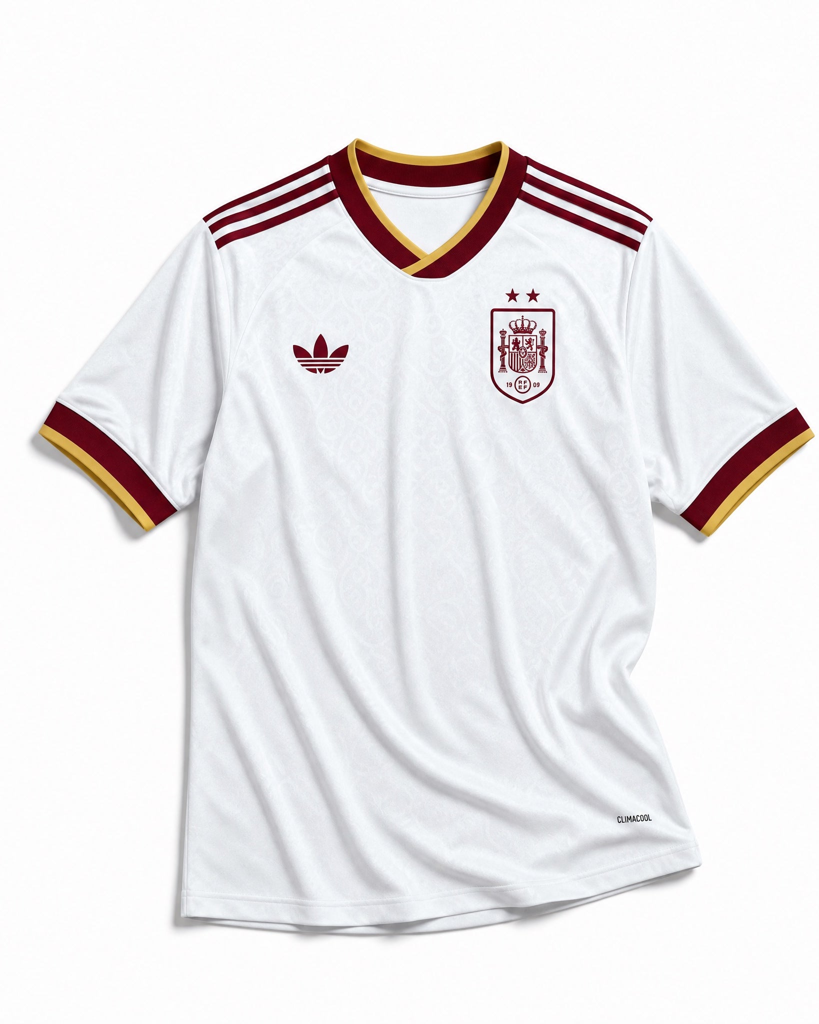 Maglia Away Spagna Vittoria Mondiali 2026 vista frontale bianca con dettagli rossi e oro.