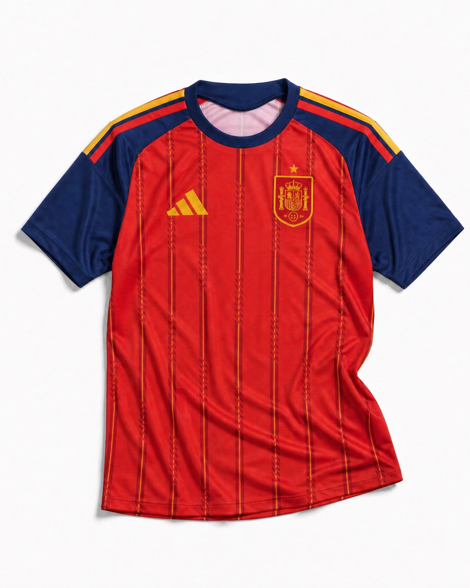 Fronte della maglia home della Spagna 2026 rossa con pannelli scuri sulle maniche e stemma sul petto