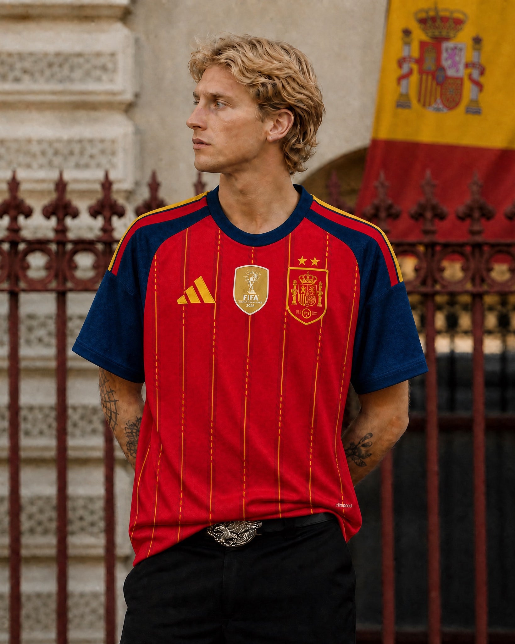 Modello che indossa la Maglia Home Spagna Vittoria Mondiali 2026 durante un servizio fotografico.