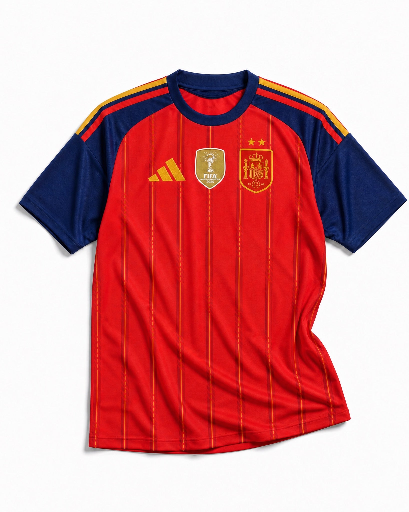 Maglia Home Spagna Vittoria Mondiali 2026 vista frontale con righe verticali rosse e dettagli blu.