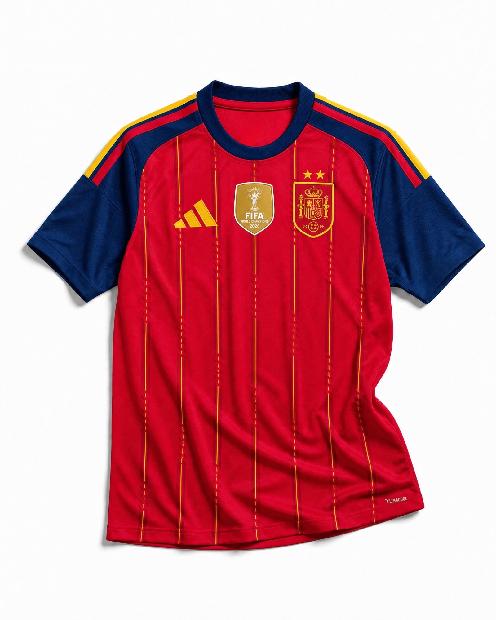 Maglia Home Spagna Vittoria Mondiali 2026 vista frontale con righe verticali rosse e dettagli blu.